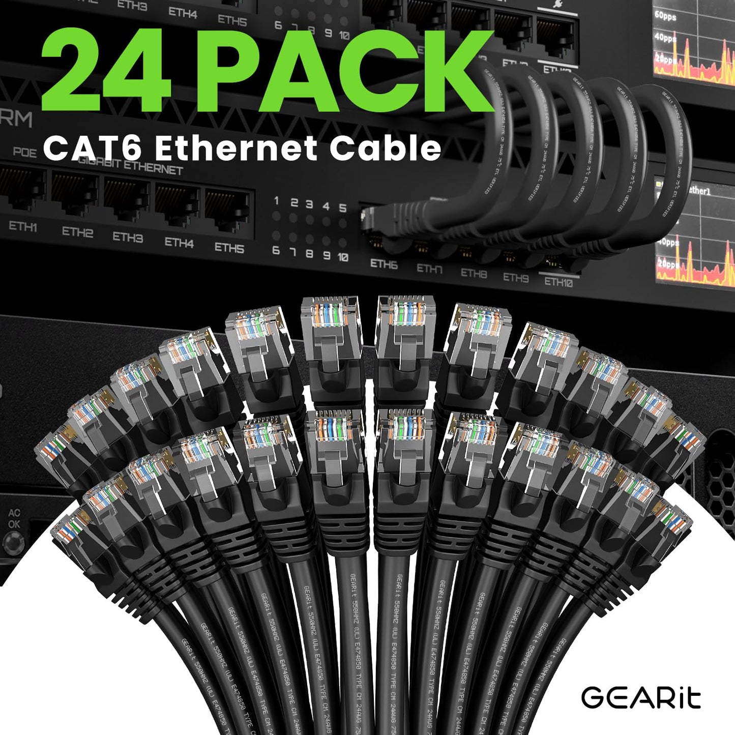 GEARit Cat 6 Ethernet Cable Pack - 24-Pack 1 ft Cat6 Ethernet Patch Cables | RJ45 Network Patch Cable, 10 Gbps Snagless Gold-Plated Connectors - Ethernet Cable Cat 6 for PC, TV, Router - Black