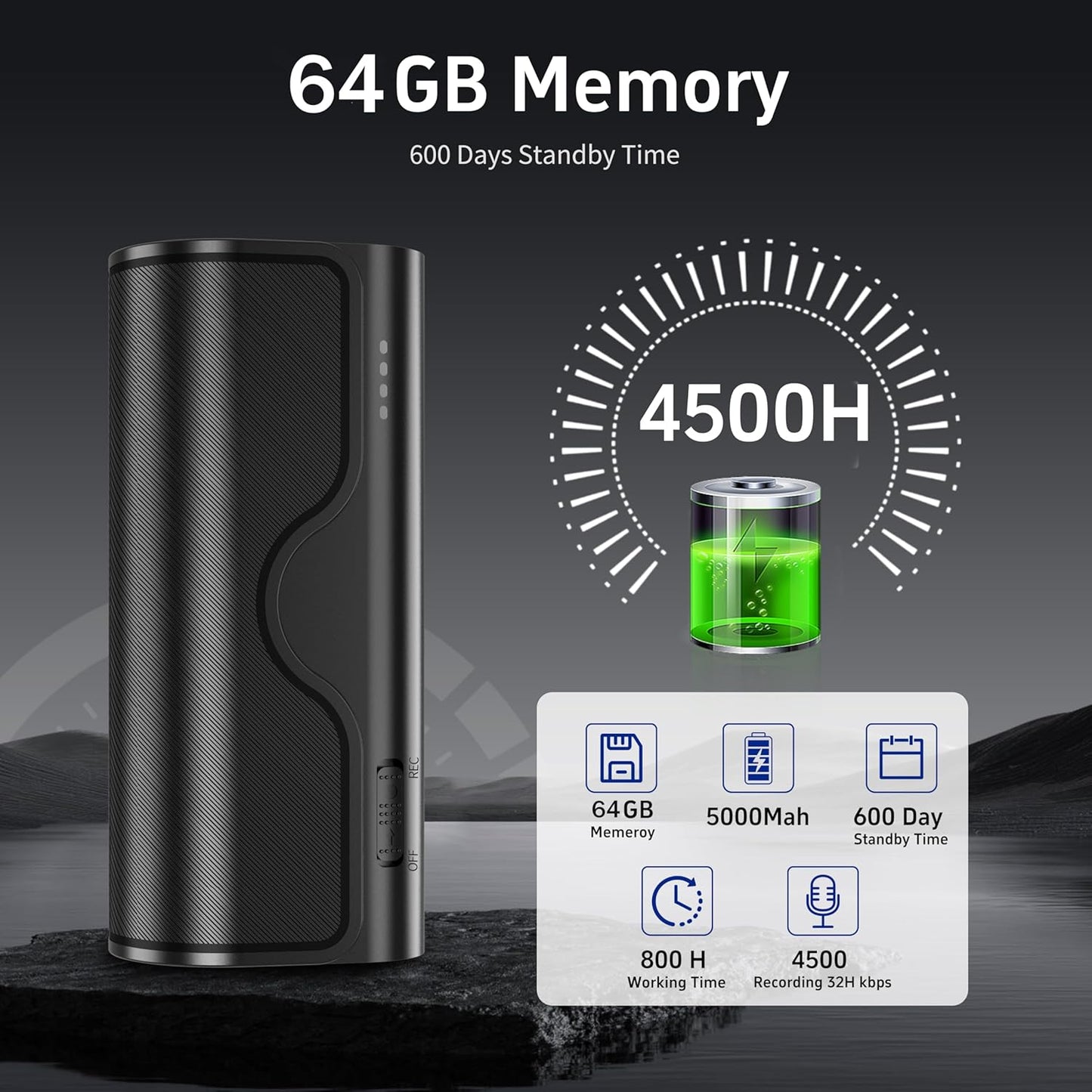 64GB Magnetic Voice Recorder, 800H/35 Days Continuous Recording, Voice Activated Audio Recorder with Stereo Mic, Portable for Lectures, Meetings, Interviews (Black)