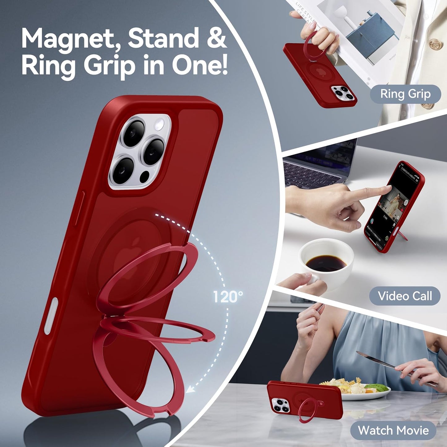 CASEKOO Designed for iPhone 16 Pro Max Case with Magnetic Invisible Stand [Military Drop Protection] [Compatible with MagSafe] Shockproof Slim Translucent Matte Promax Case 6.9 Inch, Red