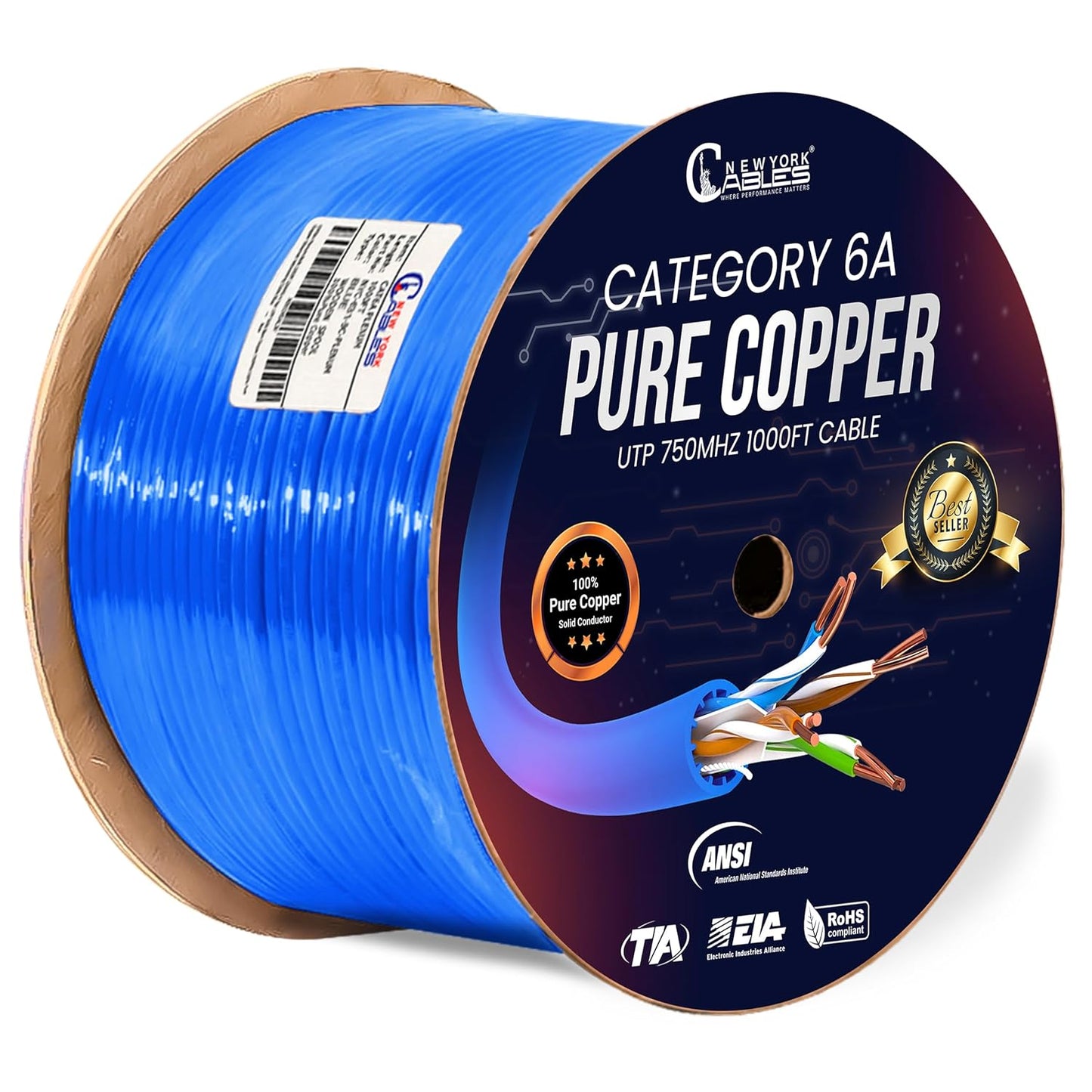 Cat6A Plenum (CMP) Cable 1000ft Blue | 100% Solid Bare Copper 750MHz, PoE++ (4PPoE) 23AWG 4 Pair (UTP) Solid Conductors Quality Tested High Speed cat 6a Ethernet Cable for Networking By Newyork Cables