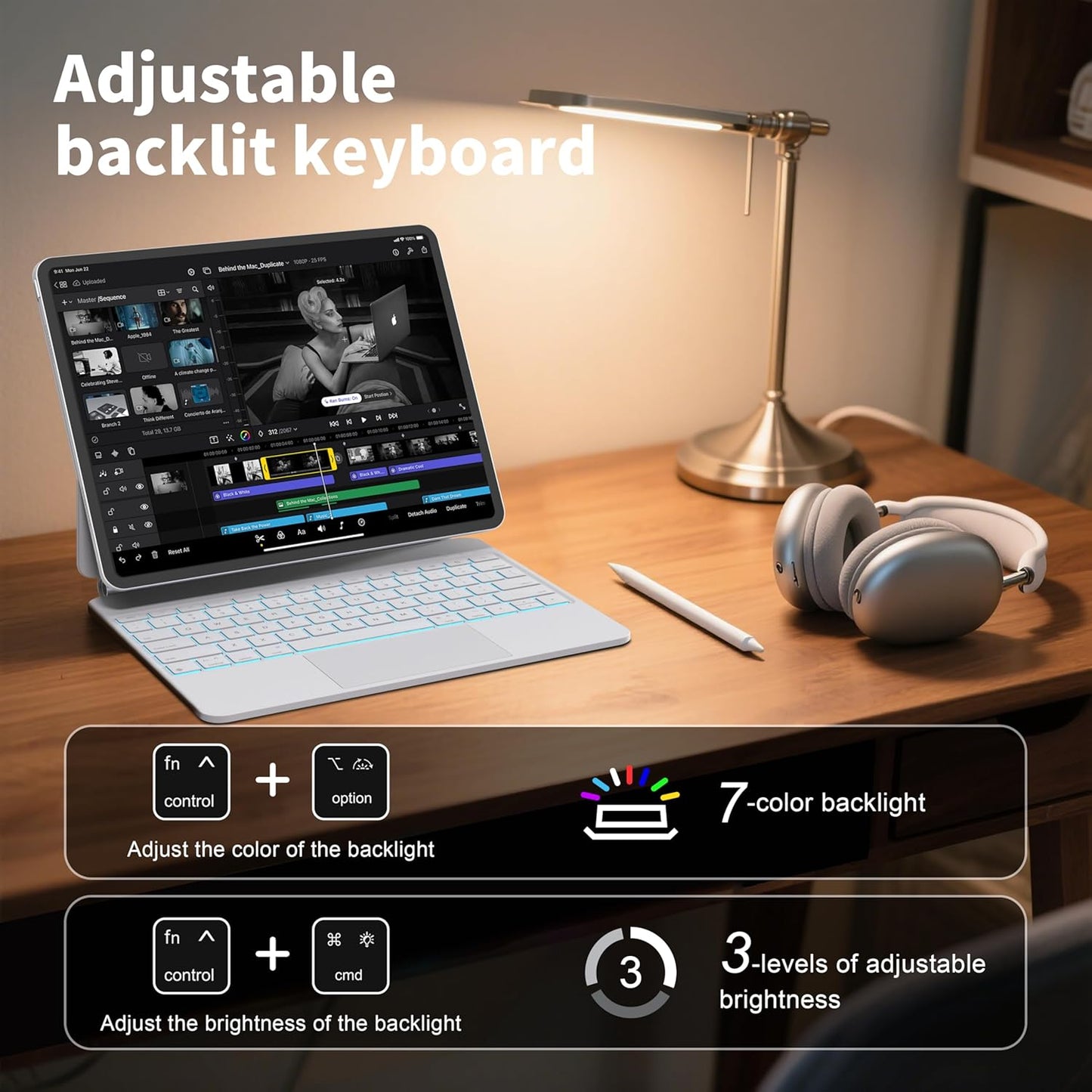 iPad Air 13 Inch Case Keyboard (M3 2025 / M2 2024) & iPad Pro 12.9 inch (6th,5th,4th,3rd Gen) Magic Keyboard with 7 Color Backlight, Multi-Touch Trackpad, Magnetic Stand,Auto Sleep/Wake (White)