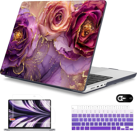 Mektron Case for MacBook Pro 16" M4 A3403 A3186 M3 A2991 M2 A2780 M1 A2485 (2021/2023/2024) Pro/Max with Touch ID, Hard Shell Plastic Laptop Cover Keyboard Cover Screen Protector, Marble Flowers