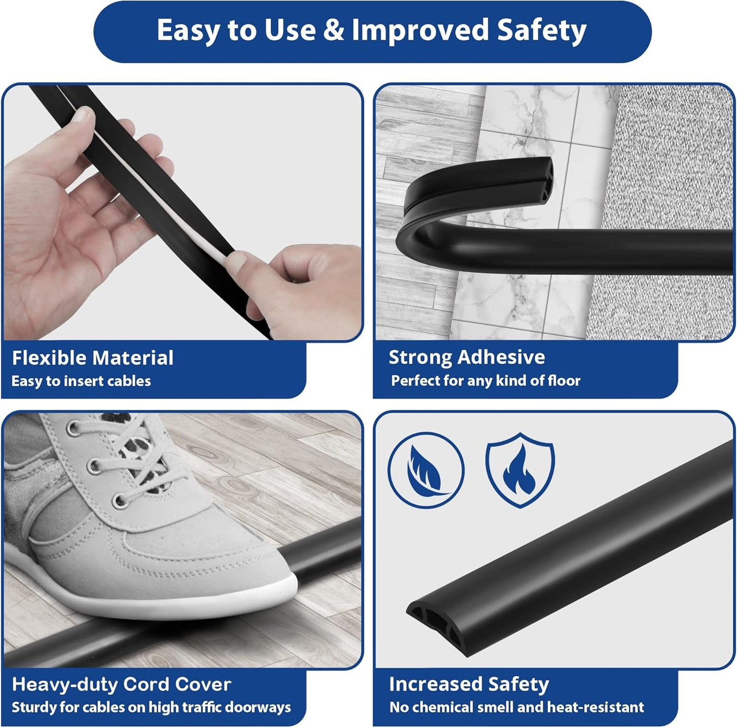 Cord Cover Floor 6ft Black, PVC Floor Cable Cover, Cord Hider Floor Cord Protector Prevent Cable Trips & Protect Wires, Floor Cable Management Hide Cords on Floor, Cord Cavity - W0.47 x H0.28