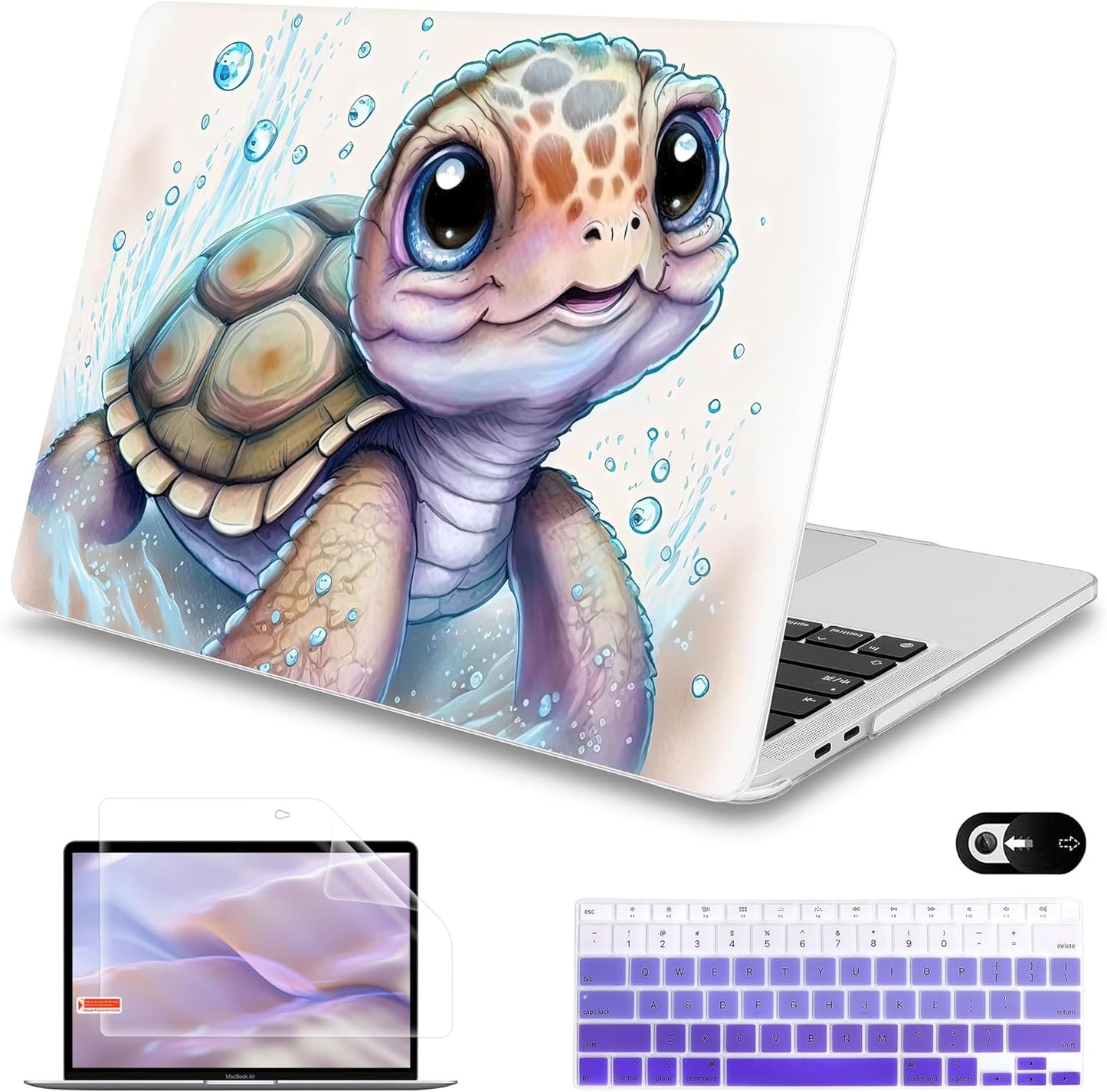 Mektron for MacBook Air 13 Case A1466/A1369 (2010-2017 Release), Snap-on Plastic Hard Shell Cover for MacBook Air 13.3 inch with Keyboard Cover, Cute Turtle