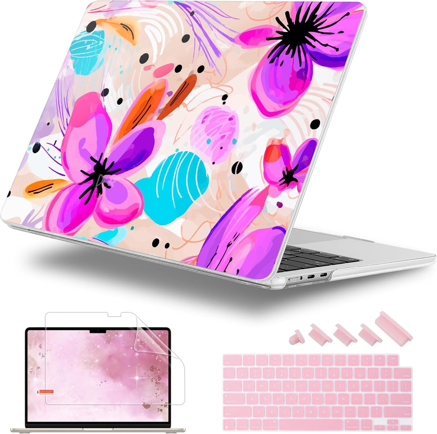 Case for MacBook Air 15 Inch 2025 2024 2023 Release M4 A3241 M3 A3114 M2 A2941, Hard Shell with Screen Protector & Keyboard Cover, Compatible with Touch ID, Trendy Floral