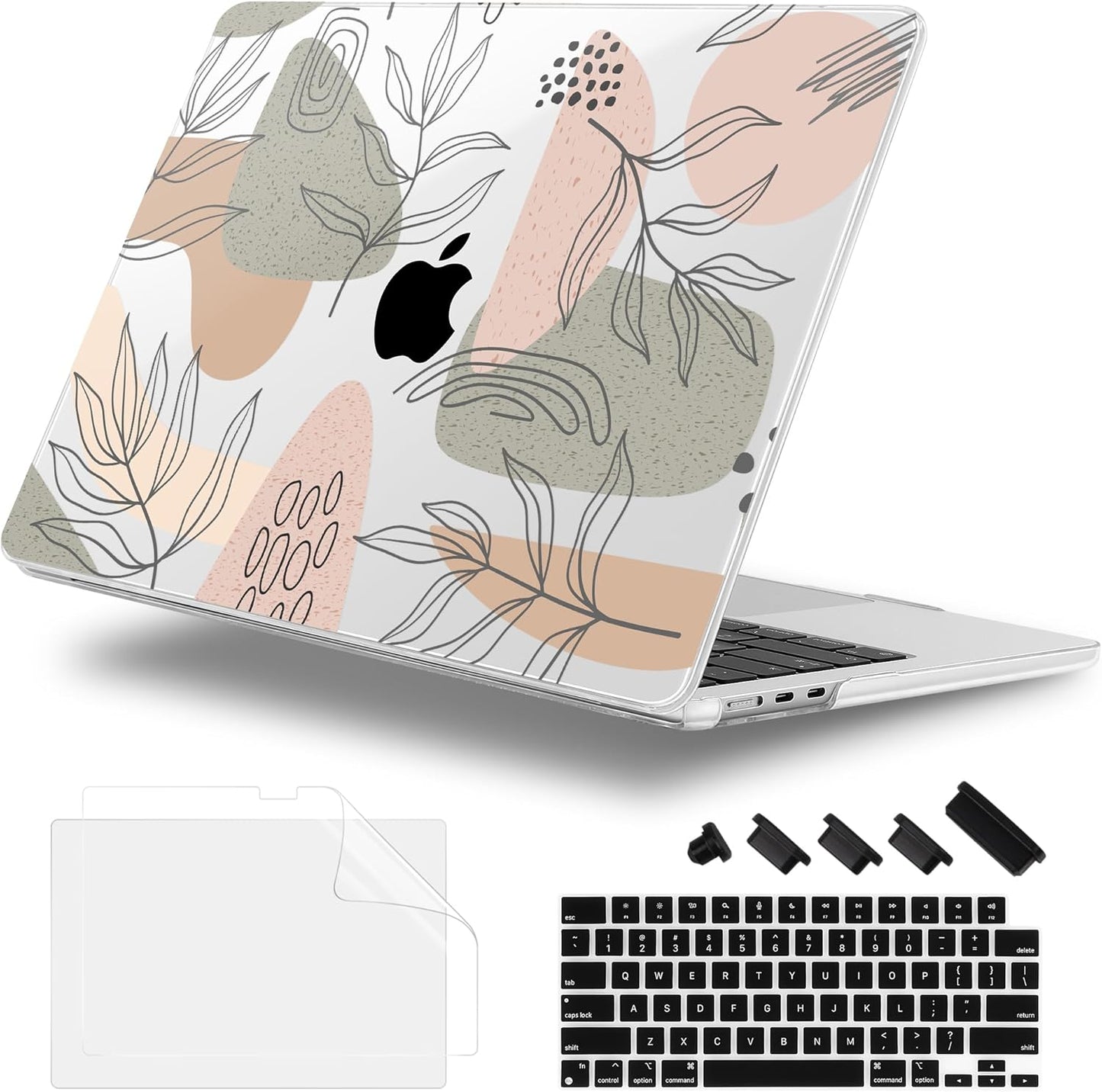 Case for MacBook Air 15 Inch 2025 2024 2023 Release M4 A3241 M3 A3114 M2 A2941, Hard Shell with Screen Protector & Keyboard Cover, Compatible with Touch ID - Tropical Leaves
