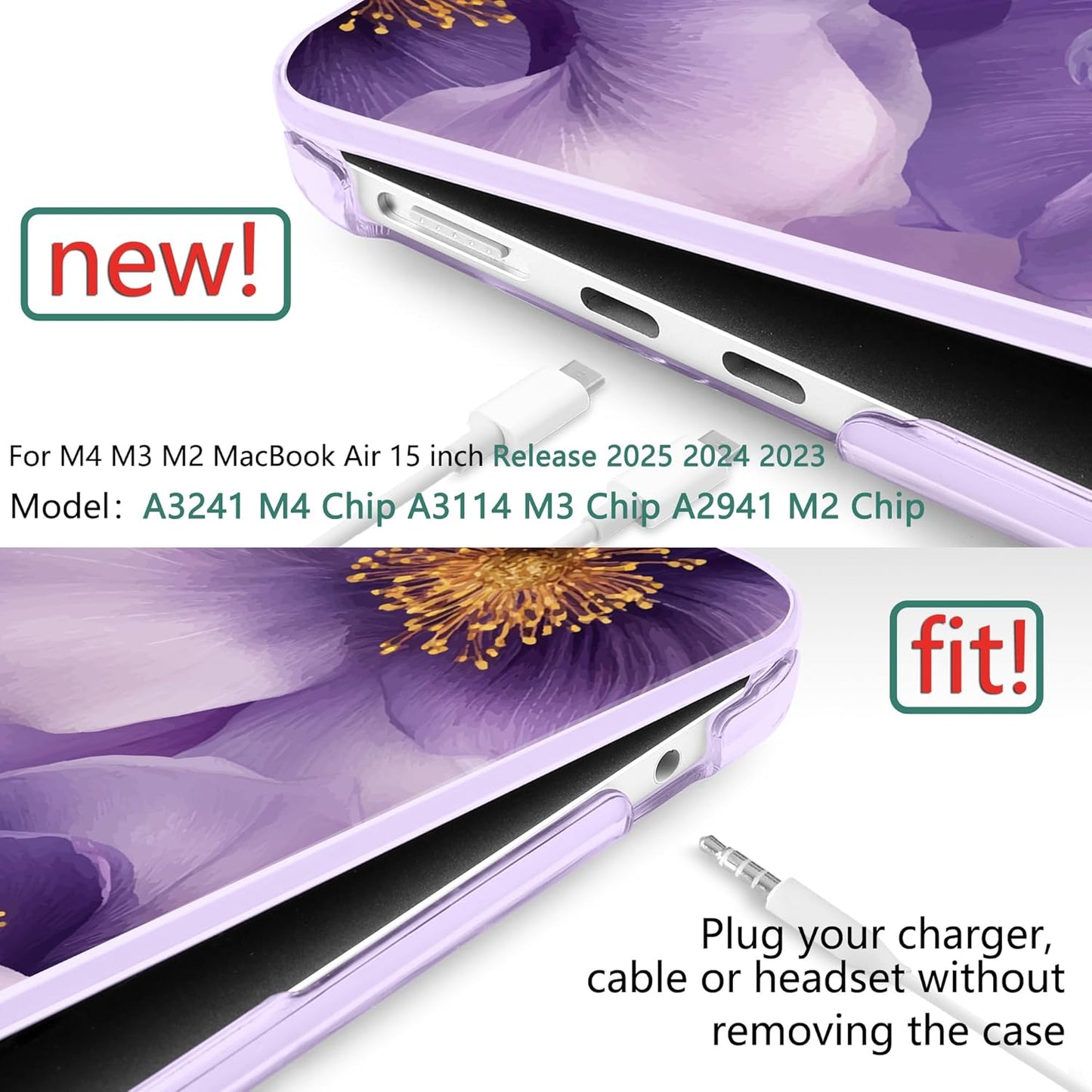 TWOLSKOO Compatible with M4 MacBook Air 15 inch Case 2025-2023 Released Model M4 A3241 M3 A3114 M2 A2941, Plastic Hard Shell & Screen Protector & Keyboard Cover & Type C Adapter, Purple Flowers