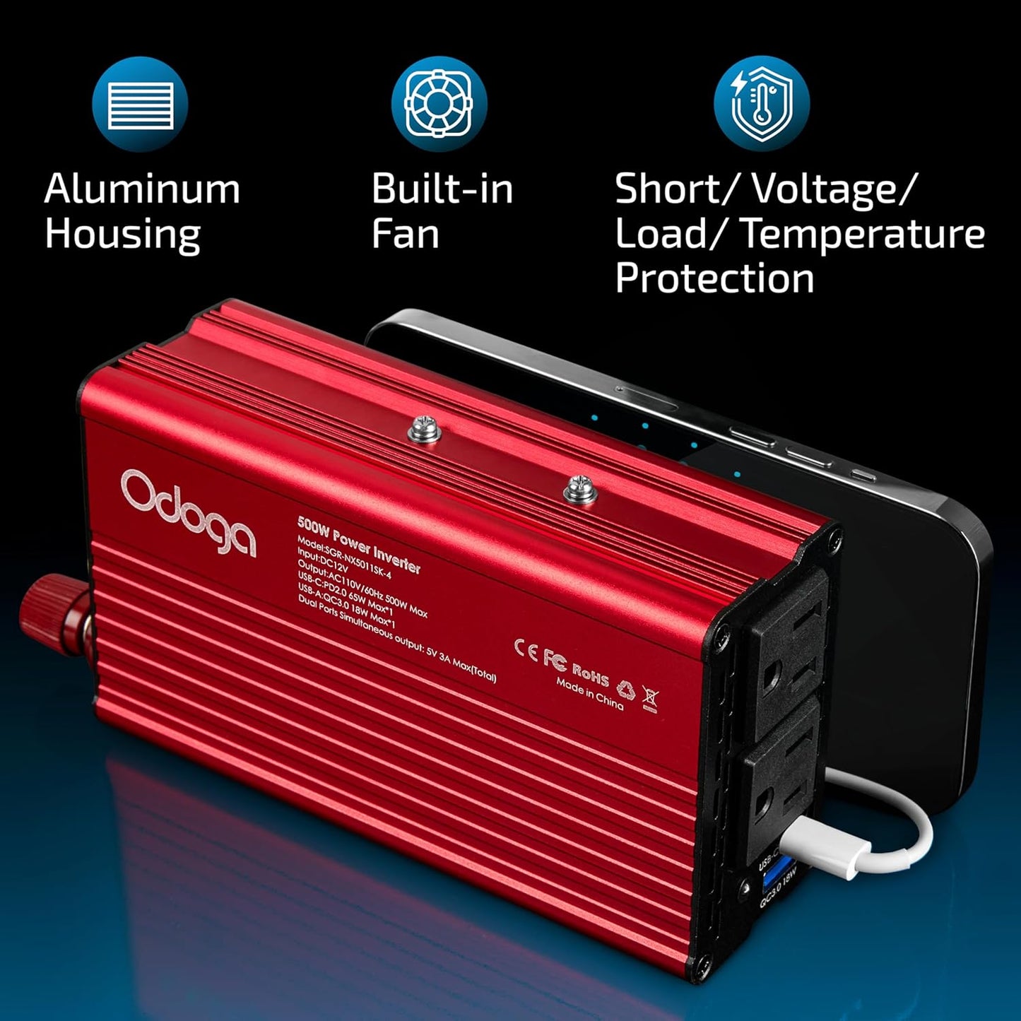 500W Car Power Inverter 12v to 110v – Car Adapter for Plug Outlet, DC to AC Converter, USB/USB-C Fast Charger for Laptop, Phone, Dual AC – for Vehicle, Pickup Truck, Roadtrip, Camping by Odoga