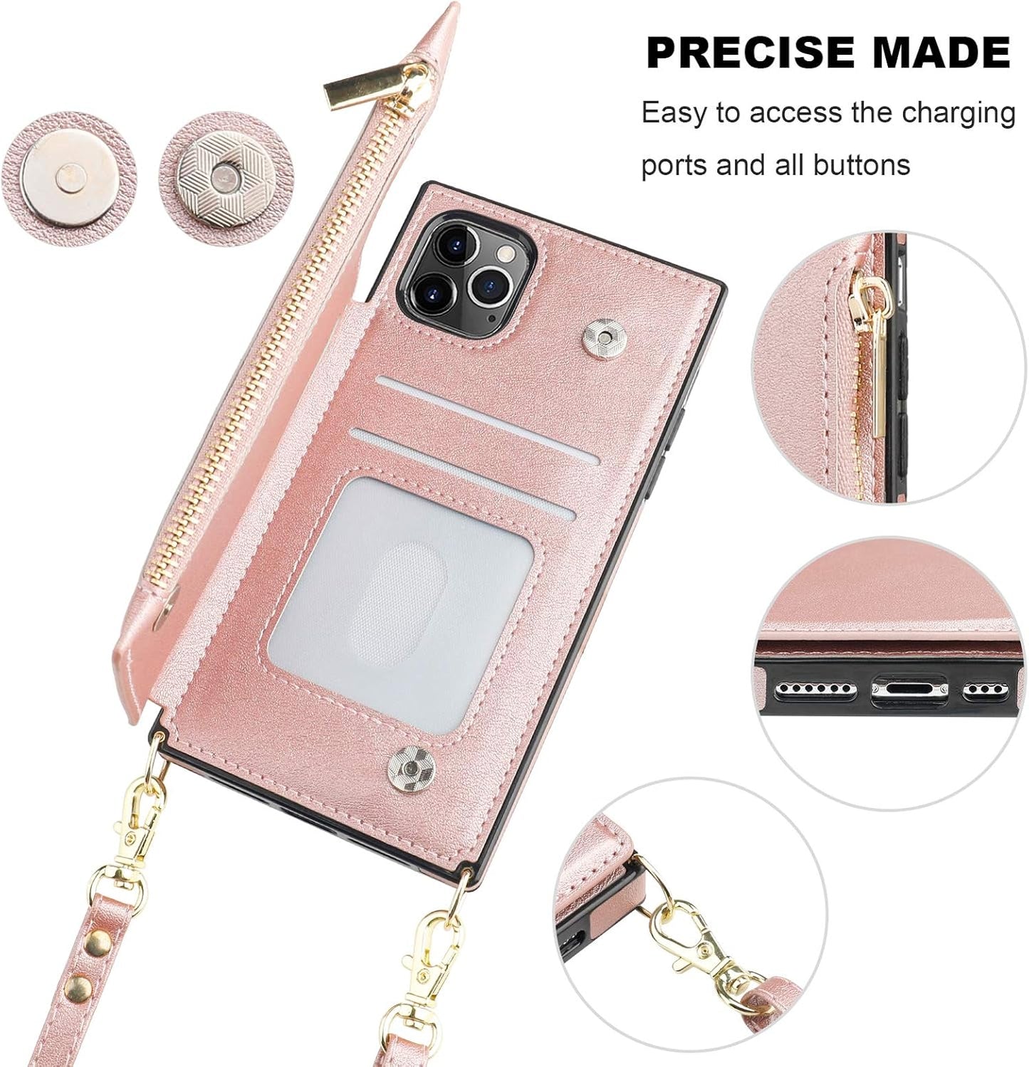 Bocasal Crossbody Wallet Case for iPhone 11 Pro with Card Holder,Zipper Card Slot Protector Shockproof Purse Cover with Removable Cross Body Strap 5.8 Inch(Rose Gold)