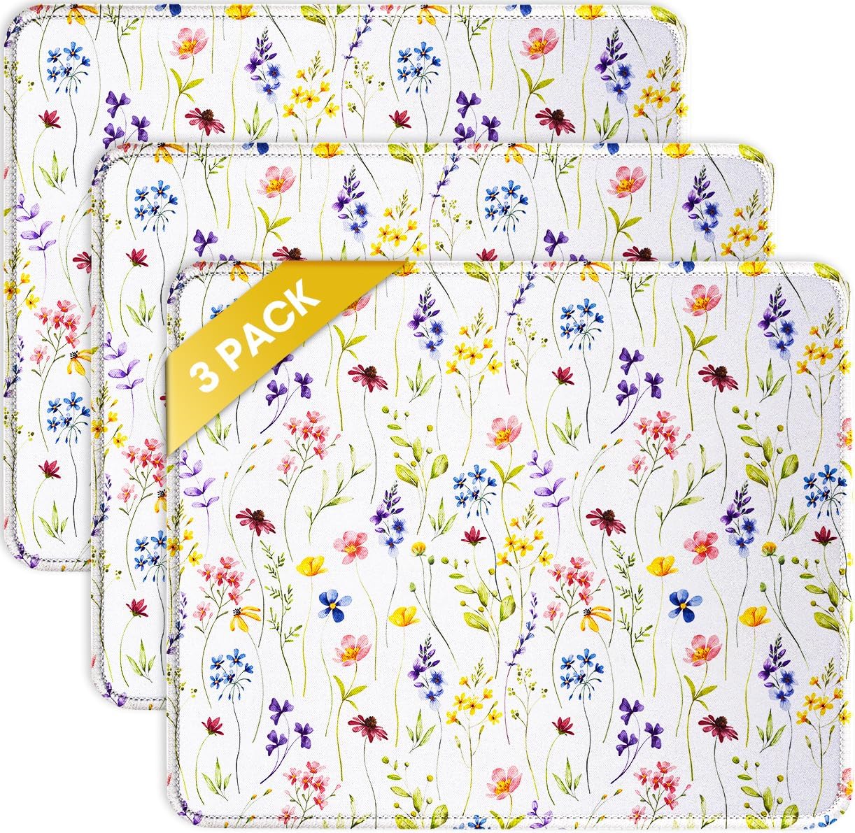 JIKIOU 3 Pack Mouse Pad with Stitched Edge, Comfortable Mouse Pads with Non-Slip Rubber Base, Washable Mousepads Bulk with Lycra Cloth, Mouse Pads for Computers Laptop Mouse 10.2x8.3in White Flowers
