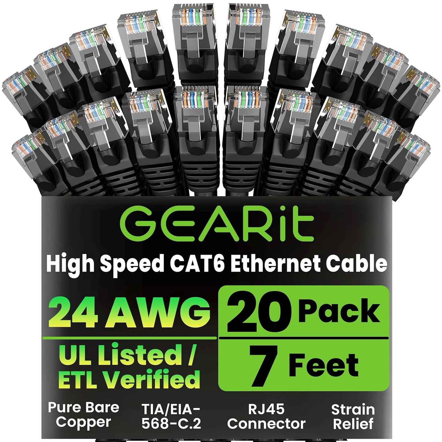 GearIT Cat 6 Ethernet Cable Pack - 20-Pack 7 ft Cat6 Ethernet Patch Cables | RJ45 Network Patch Cable, 10 Gbps Snagless Gold-Plated Connectors - Ethernet Cable Cat 6 for PC, TV, Router - Black