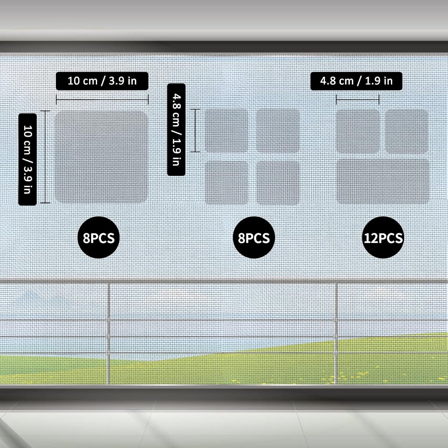 28 Sheets Window Screen Patches Repair Kit, Grey/Black 3 Sizes Window Screen Repair Kit for Mesh Screen Door, Strong Adhesive Fiberglass Quick Screen Repair Tape