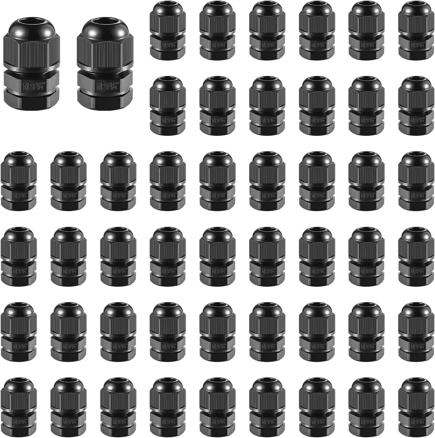 50 PCS 1/4"(4-8mm) NPT Nylon Cable Gland Joints with Gaskets, IP68 Adjustable Lock Nut Strain Relief Cord Grip Waterproof Cable Glands - UL Listed and RoHS Compliant