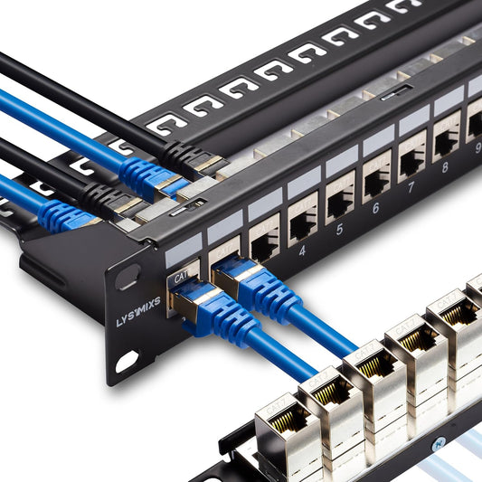 24 Port RJ45 Patch Panel Cat7 STP Feed Through, Coupler Network Panel 19 Inch, Inline Keystone Ethernet Patch Panel with Back Bar