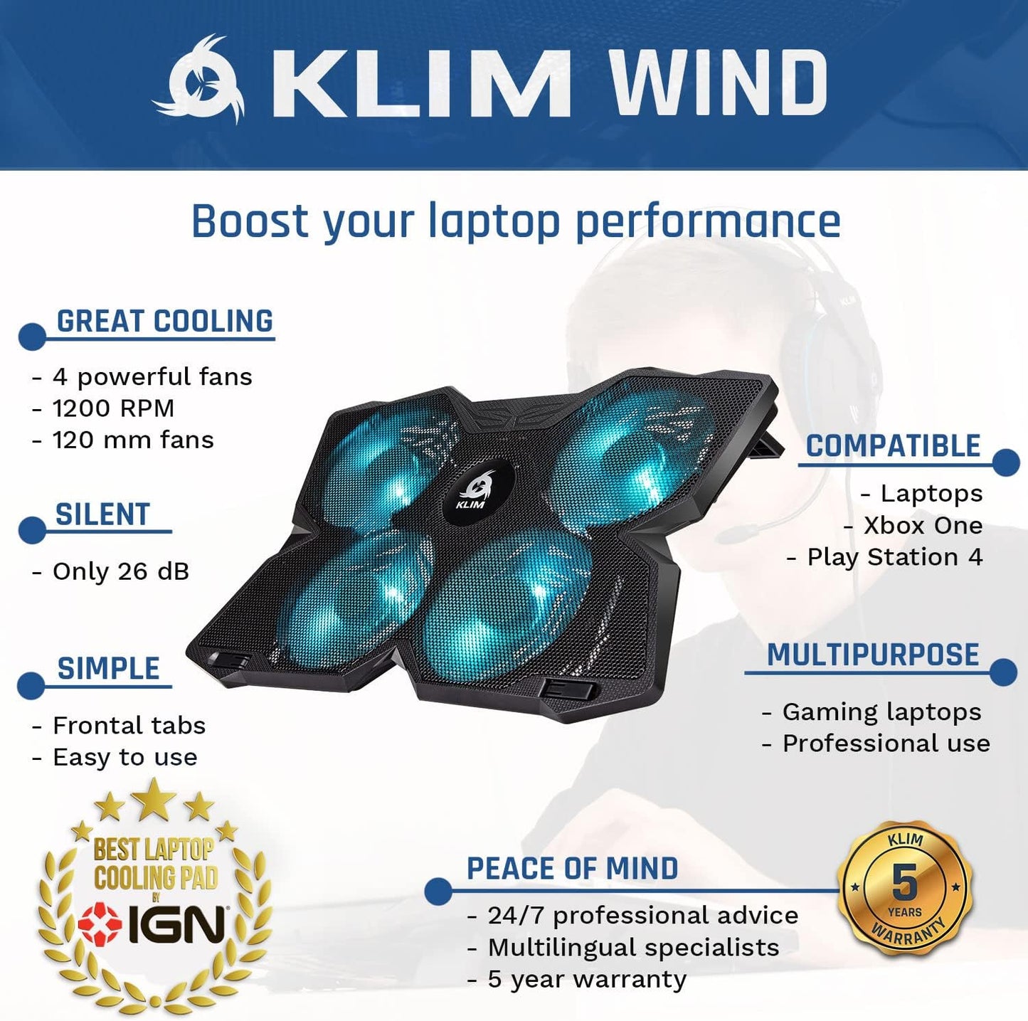 KLIM Wind Laptop Cooling Pad - More Than 500 000 Units Sold - New Version - The Most Powerful Rapid Action Cooling Fan - Laptop Stand with 4 Cooling Fans at 1200 RPM - USB Fan - PS5 PS4 - Cyan