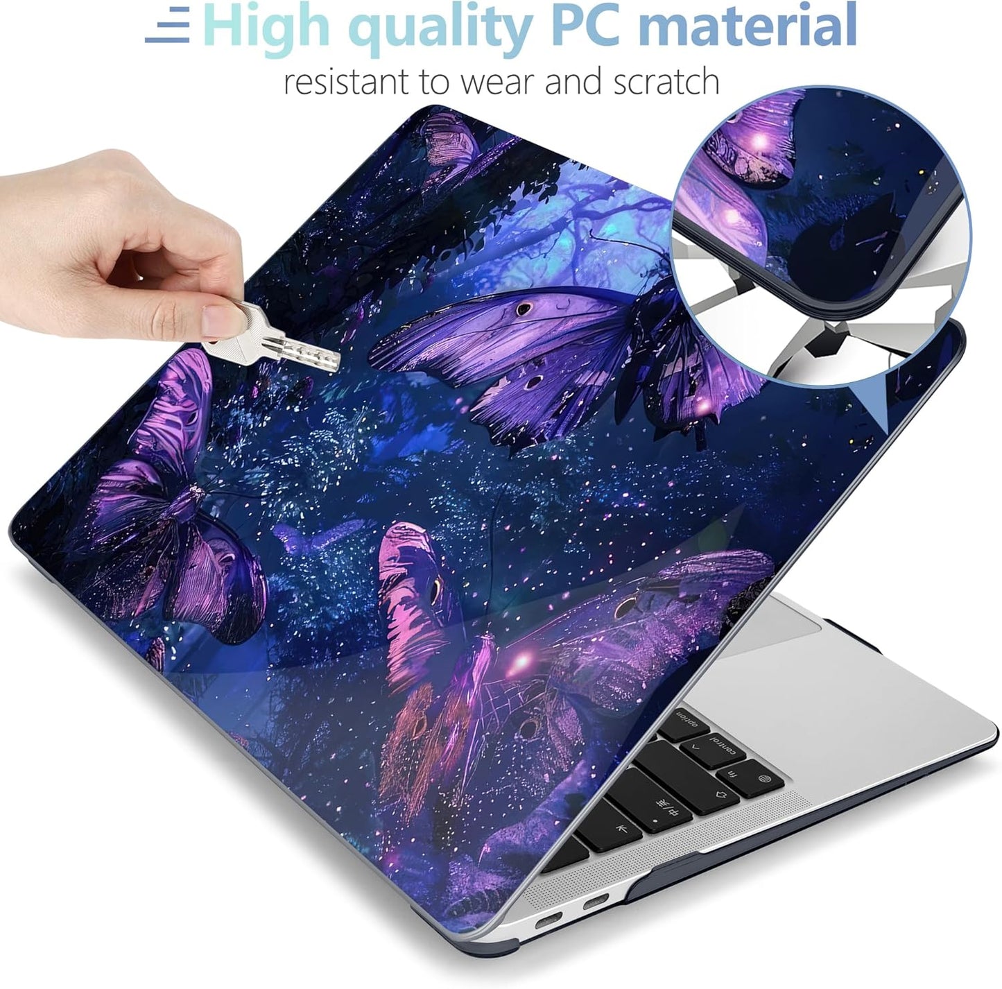 MEEgoodo for MacBook Air 13.3 inch Case 2021 2020 2019 2018 A2337 M1 A2179 A1932, Laptop Shell for MacBook Air M1 with Keyboard Webcam Cover & Trackpad Film & Type C Adapter,Purple & Blue Butterflies
