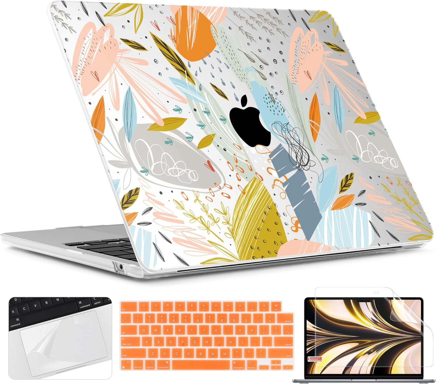 TWOLSKOO for M4 MacBook Air 13.6 inch Case 2025-2022 Release M4 A3240 M3 A3113 M2 A2681, Plastic Hard Shell & Screen Protector & Keyboard Cover & Trackpad Film, Doodle Floral
