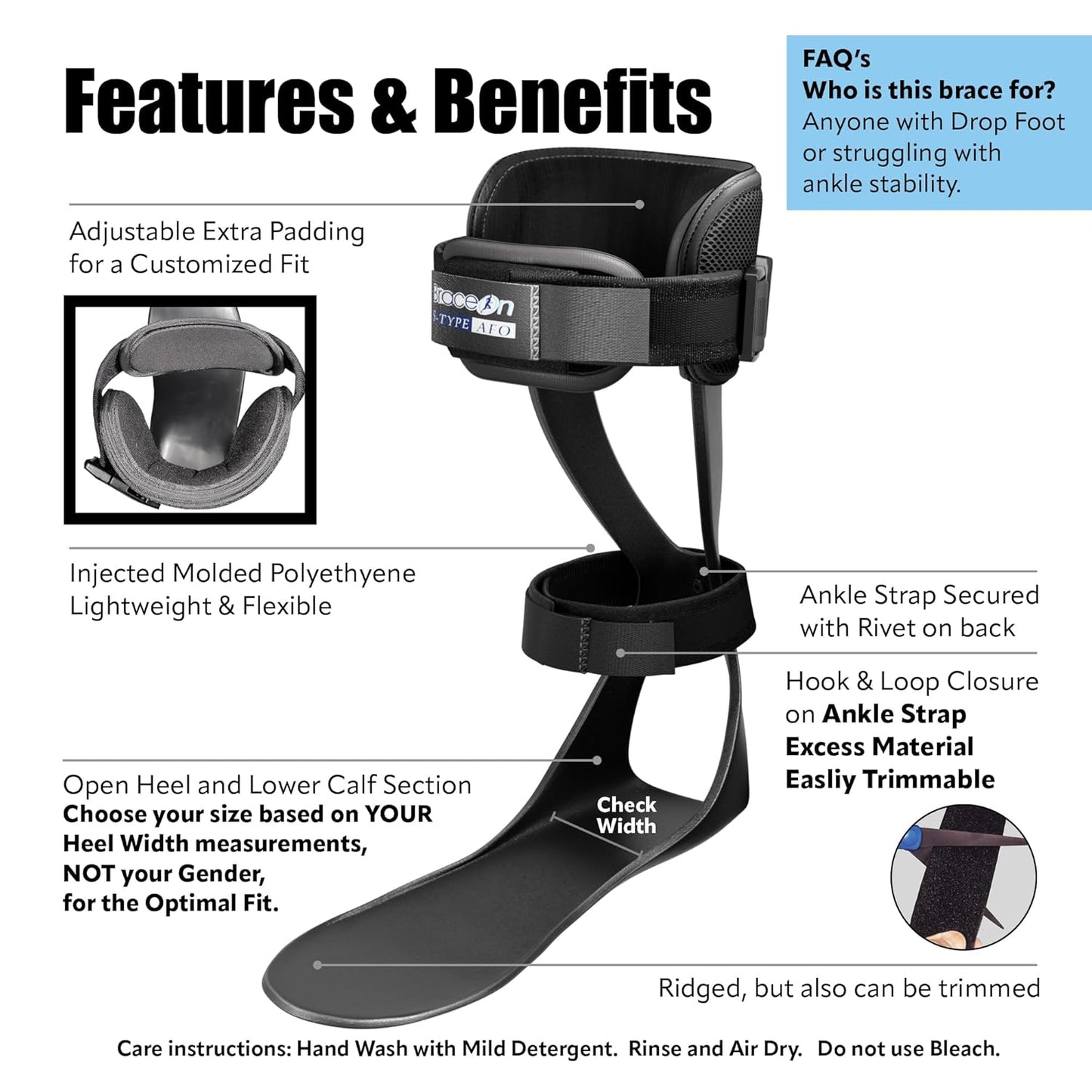 Brace On AFO S-Type - Drop Foot Stabilizer Brace, Moldable, Trimmable, Lightweight Polyethylene, Braces for Men, AFO Brace and Foot Drop Braces, Boot for Injured Foot, Men, Right