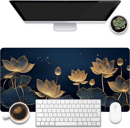 Desk Pad,Luxury Golden Lotus Line Arts Desk Mat,Dark Blue Background Large Gaming Mouse Pad for Desk,31.5"x15.7" Extended Big Computer Keyboard Mouse Pad with Non-Slip Base and Stitched Edge