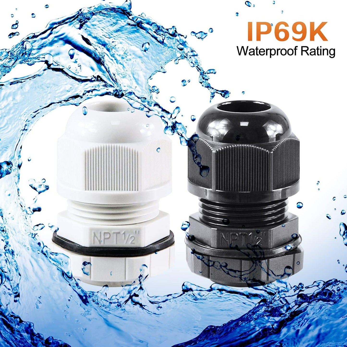 25 Pcs 1/2" IP68 Strain Relief Nylon Cord Grip NPT Cable Glands Adjustable UL Listed and RoHS Compliant (Grey)