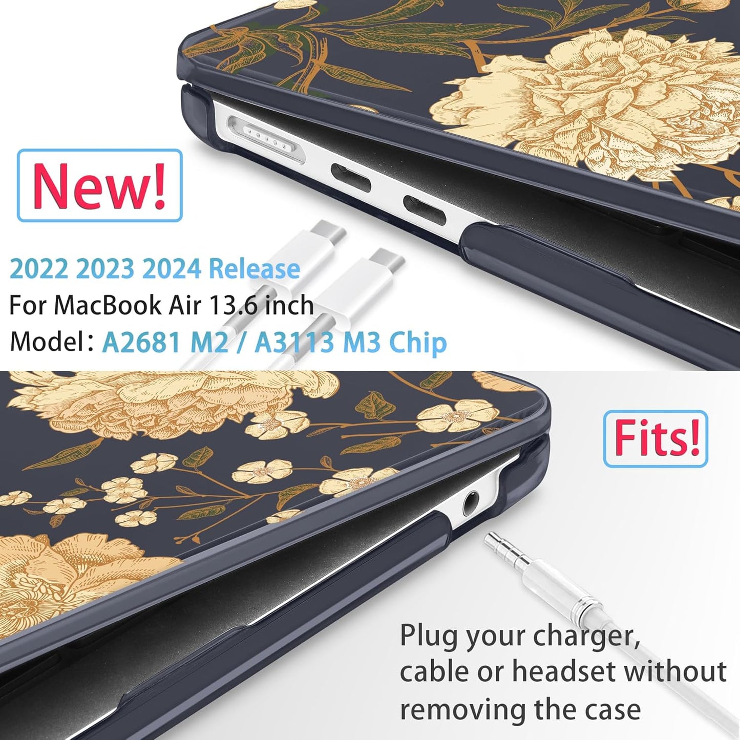 Mektron for 2025 M4 MacBook Air 13.6 Inch A3240 Case Fits 2023 A2681 M2 2024 A3113 M3 Chip with Liquid Retina Display, Printed Plastic Hard Shell Cover for MacBook Air 13.6", Peony Flowers C186