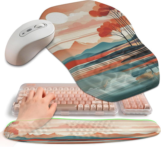 2-in-1 Ergonomic Set, Wave Keyboard Wrist Rest and Massage Slope Mouse Pad Wrist Support, Rebound Memory Foam for Relieve Carpal Tunnel Syndrome and Wrist Pain (Landscape)