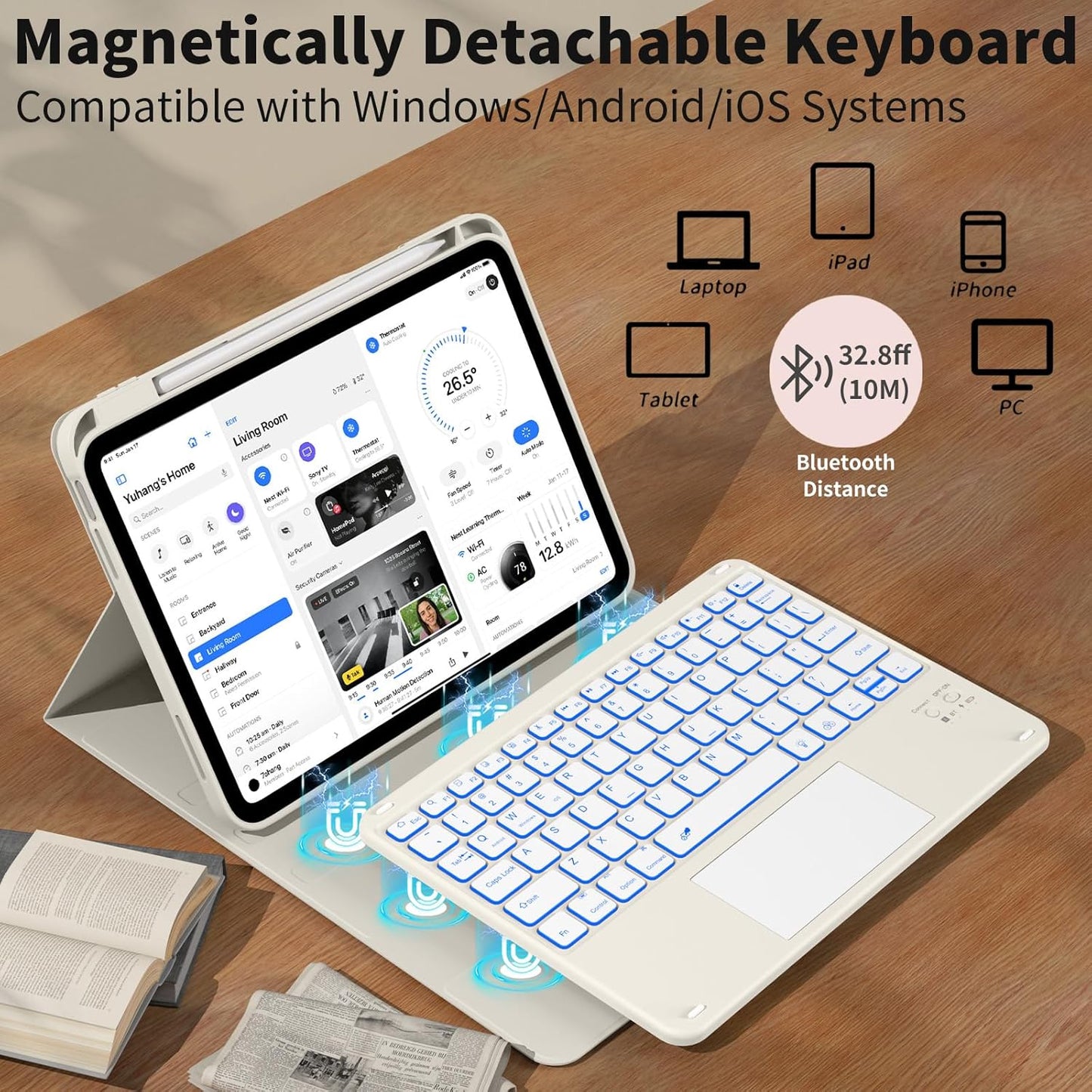 JKSML for iPad(A16) 11th/10th Generation Case with Keyboard (11/10.9 inch) 2025/2022, 7 Color Backlight Detachable Bluetooth Cover with Trackpad, Flip Stand Case Thin with Pencil Holder, Cream White