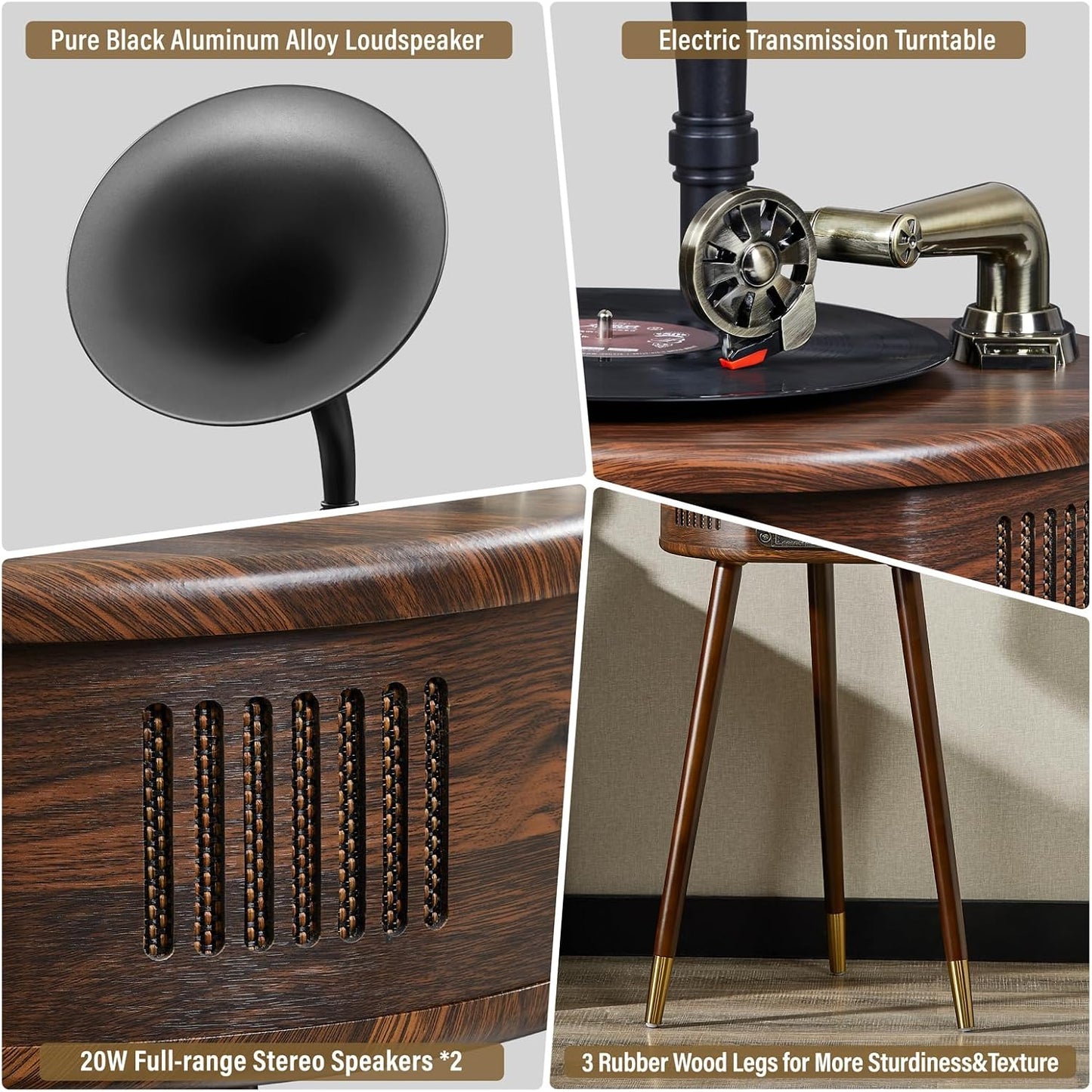 Gramophone Record Player，Italian Style Gramophone Vinyl Record Player with Control/Bluetooth/USB/FM Vintage Record Players Turntables 2 Speed(33/45), Hi-Fi, Classic Tripod Retro Wooden Design