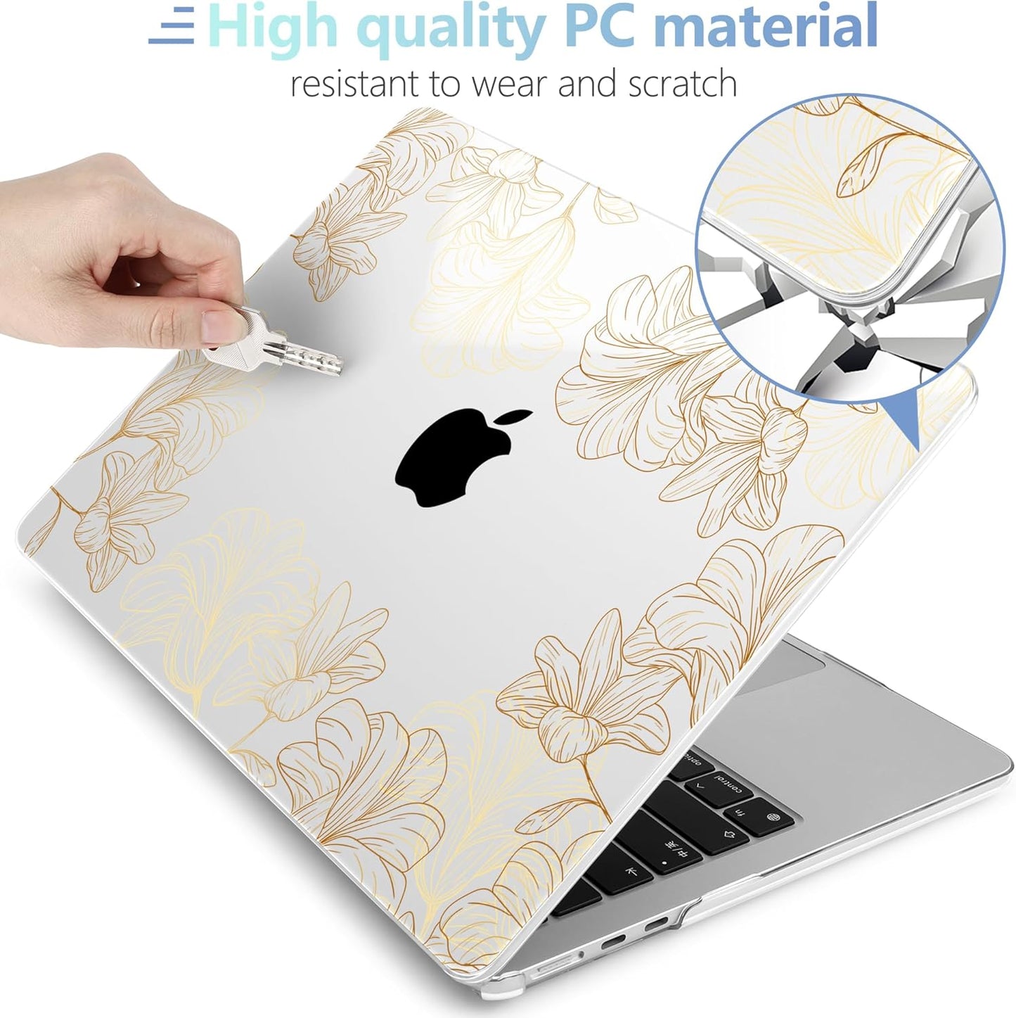 MEEgoodo Case for MacBook Air M4/M3/M2 13.6 inch 2025 2024 2022, Fit Model A3240 A3113 A2681, Compatible with MacBook Air 13 inch, Laptop Hard Shell Case with Keyboard Cover, Drawn Golden Floral