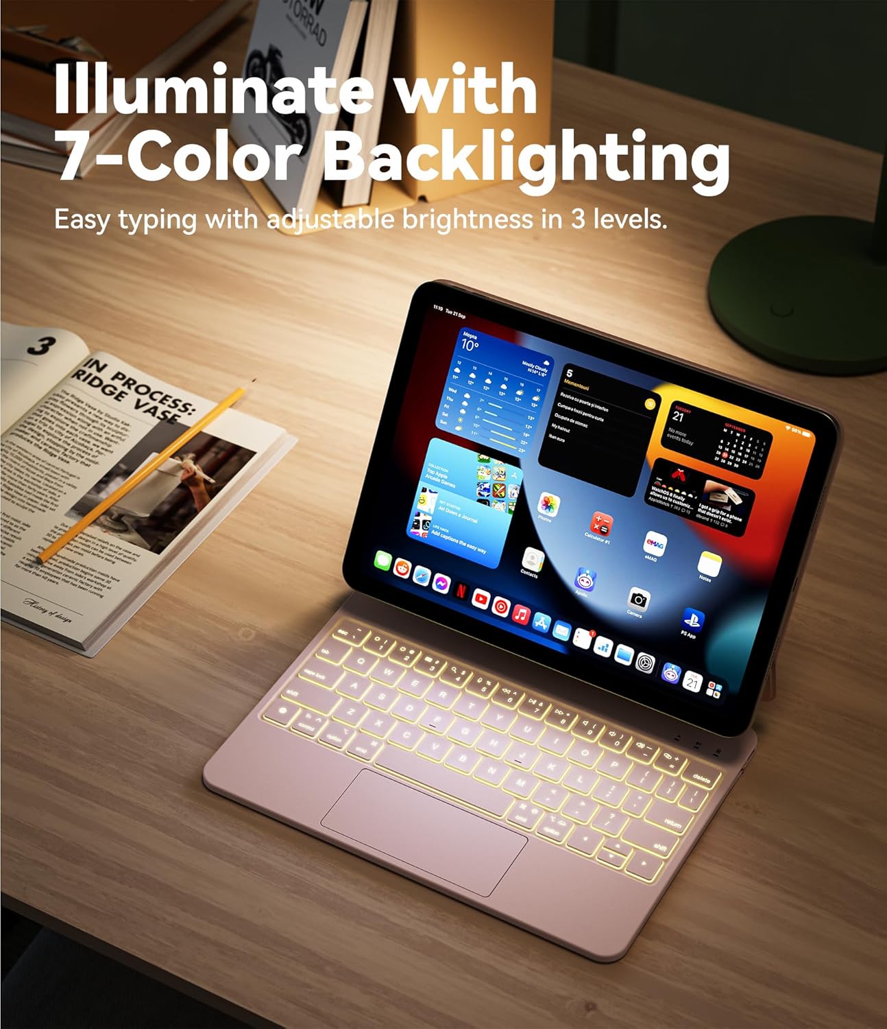 GreenLaw for iPad 11th(A16,2025)/10th(2022) Generation Case with Keyboard, Magic-Style Keyboard Stand, 7 Color Backlit, Stain-Resistant Surface, Multi-Touch Trackpad, Blush Pink