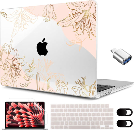 MEEgoodo for M4/M3/M2 MacBook Air 15.3 inch Case 2025 2024 2023, Case Fit Model (A3241/A3114/A2941) for MacBook Air 15 inch, Laptop Hard Shell with Keyboard Cover, Gold Flowers Lilies