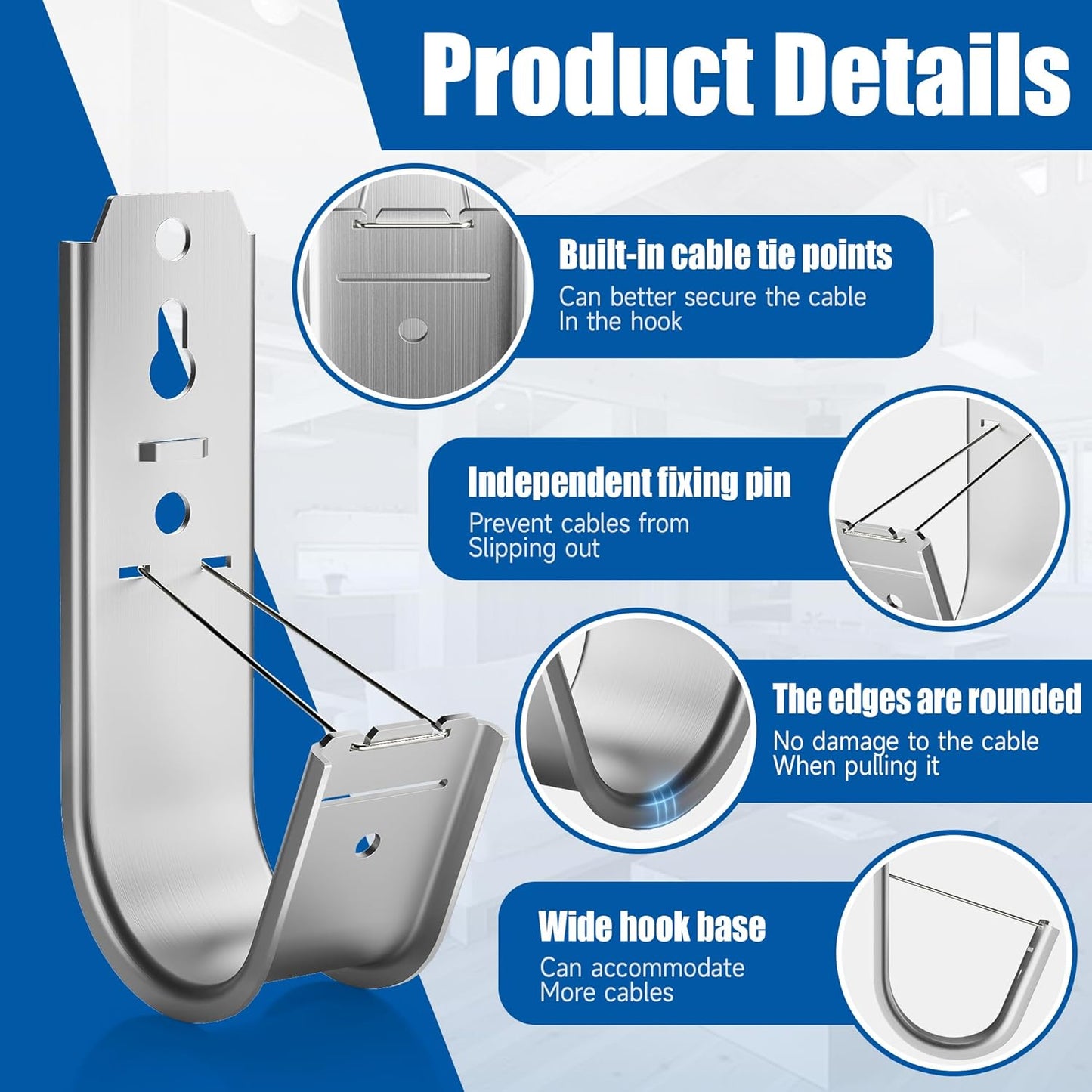 40 Pack J Cable Hook with Retainer Clip, 2-Inch Heavy Duty Wall Mount J-Hooks,J-Hook for Hanging Cable & Wire,Cable Hooks for Structured Cabling and Cable Management