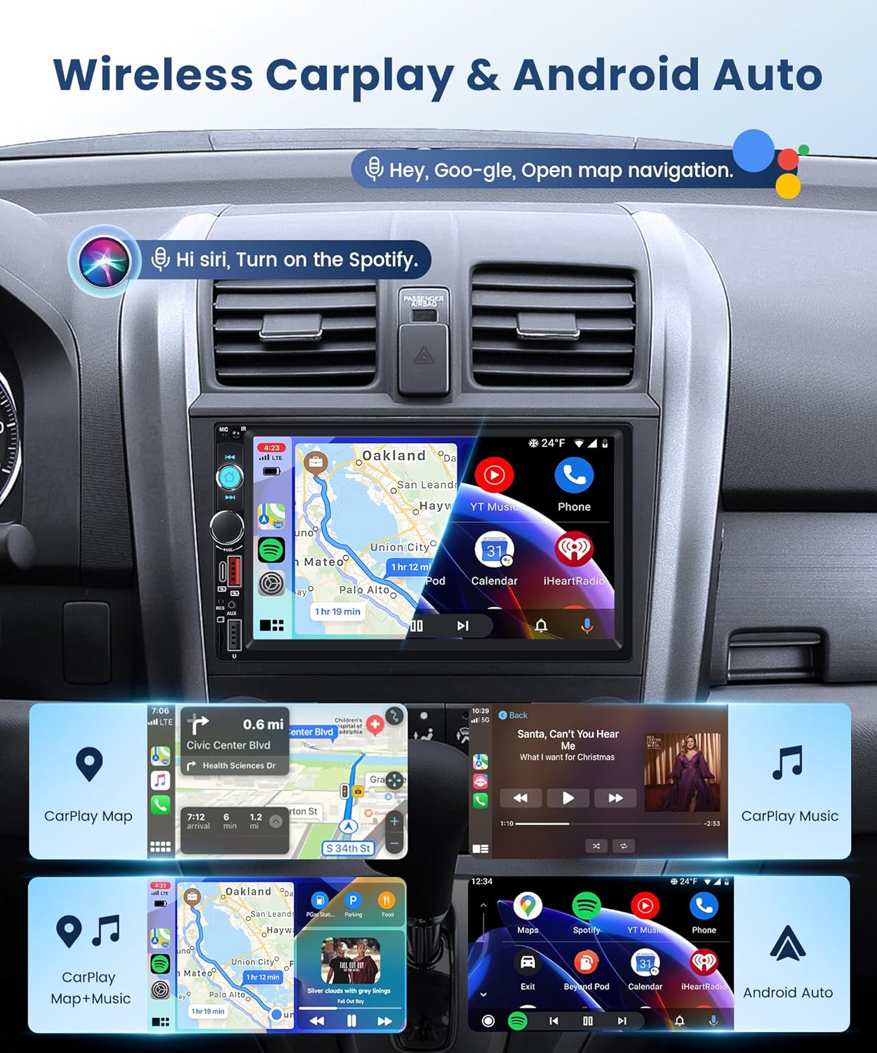 2 DIN Car Stereo Wireless Carplay&Android Auto, USB-C Head Unit 7” Touch Screen Car Radio Volume Knob Bluetooth EQ FM Mirror Link Double USB-A TF +Rearview Camera