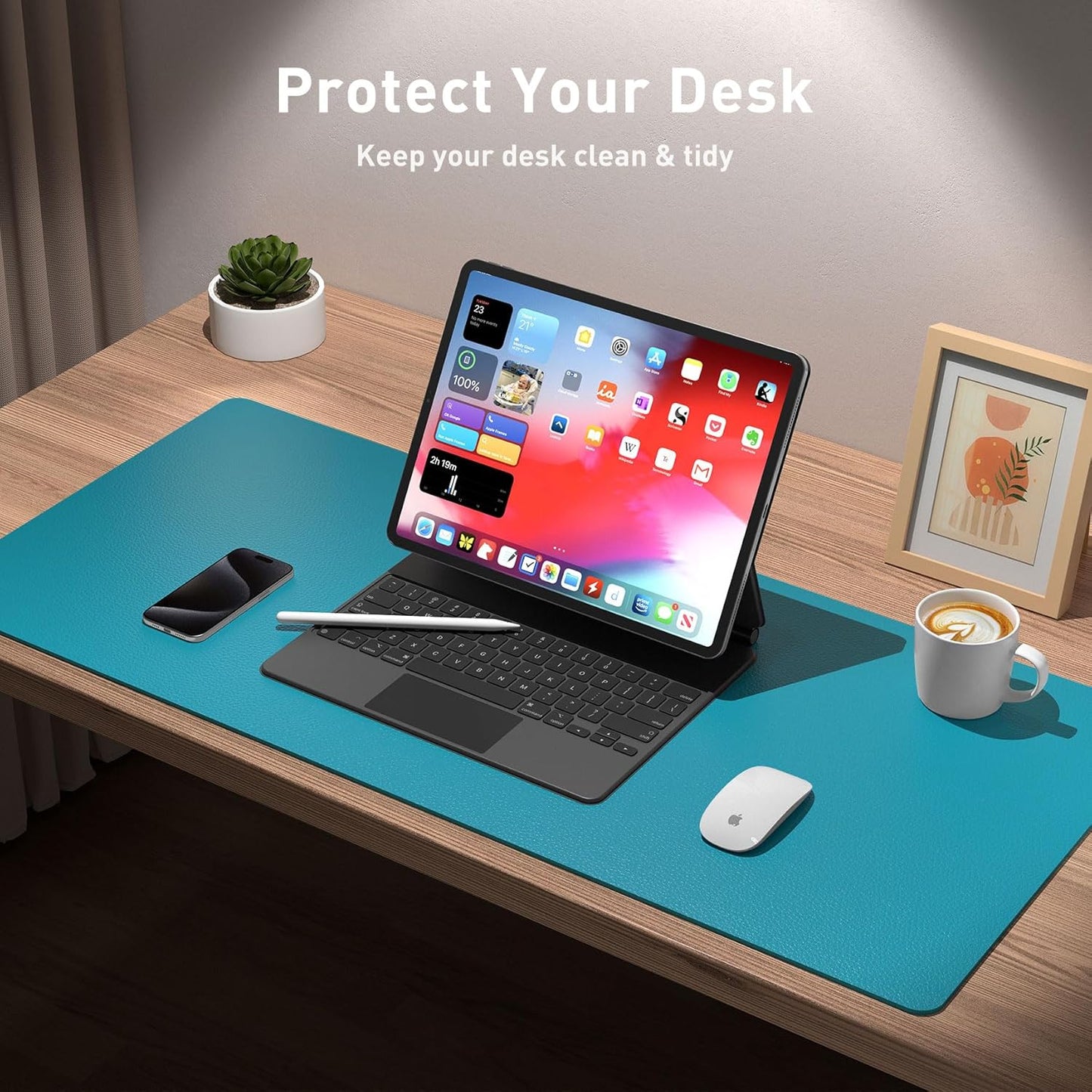 Aothia Leather Desk Pad Protector, Mouse Pad, Office Desk Mat, Non-Slip PU Leather Desk Blotter, Laptop Desk Pad, Waterproof Desk Writing Pad for Office and Home (Turquoise,36" x 17")