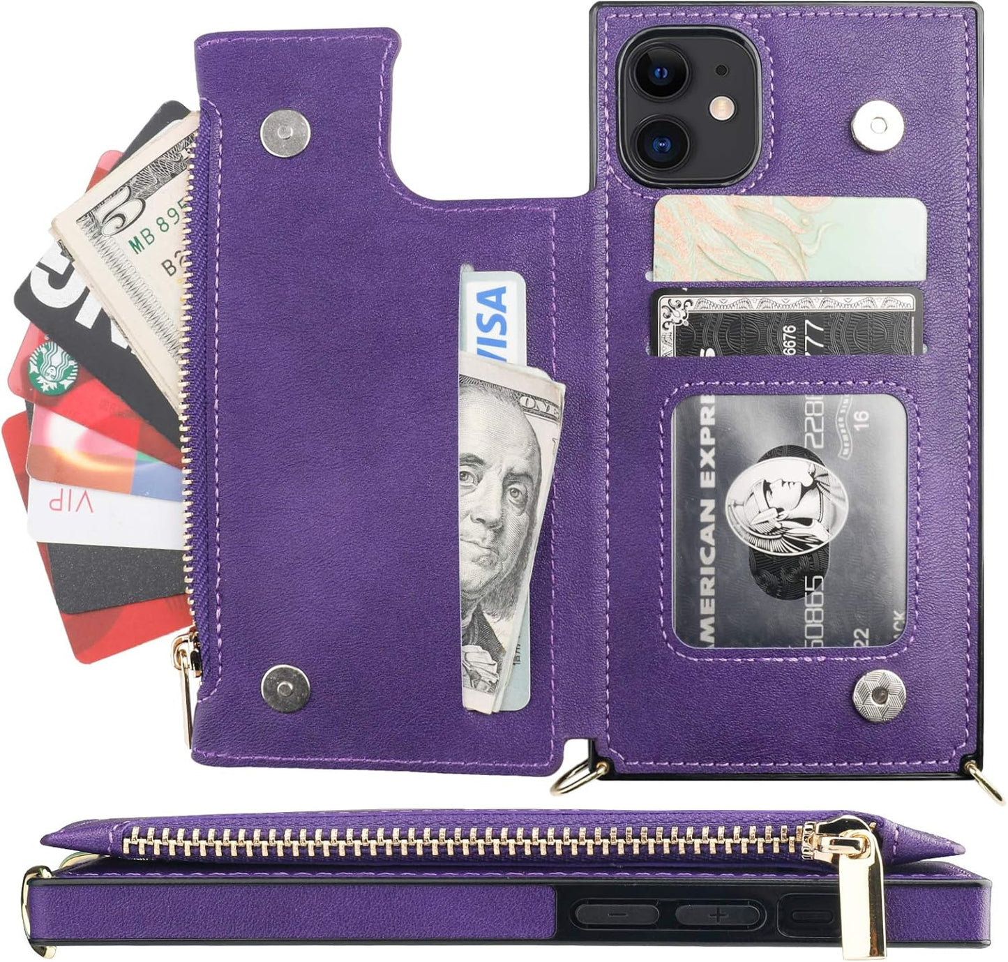 Bocasal Crossbody Wallet Case for iPhone 11 with Card Holder,Zipper Card Slot Protector Shockproof Purse Cover with Removable Cross Body Strap 6.1 Inch(Purple)