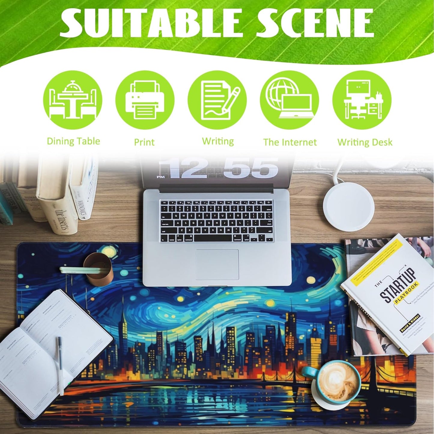 Desk Pad,City Starry Night Desk Mat,Abstract Oil Painting Large Gaming Mouse Pad for Desk,Extended Big Computer Keyboard Mouse Pad with Non-Slip Base and Stitched Edge,35.4"x15.7"