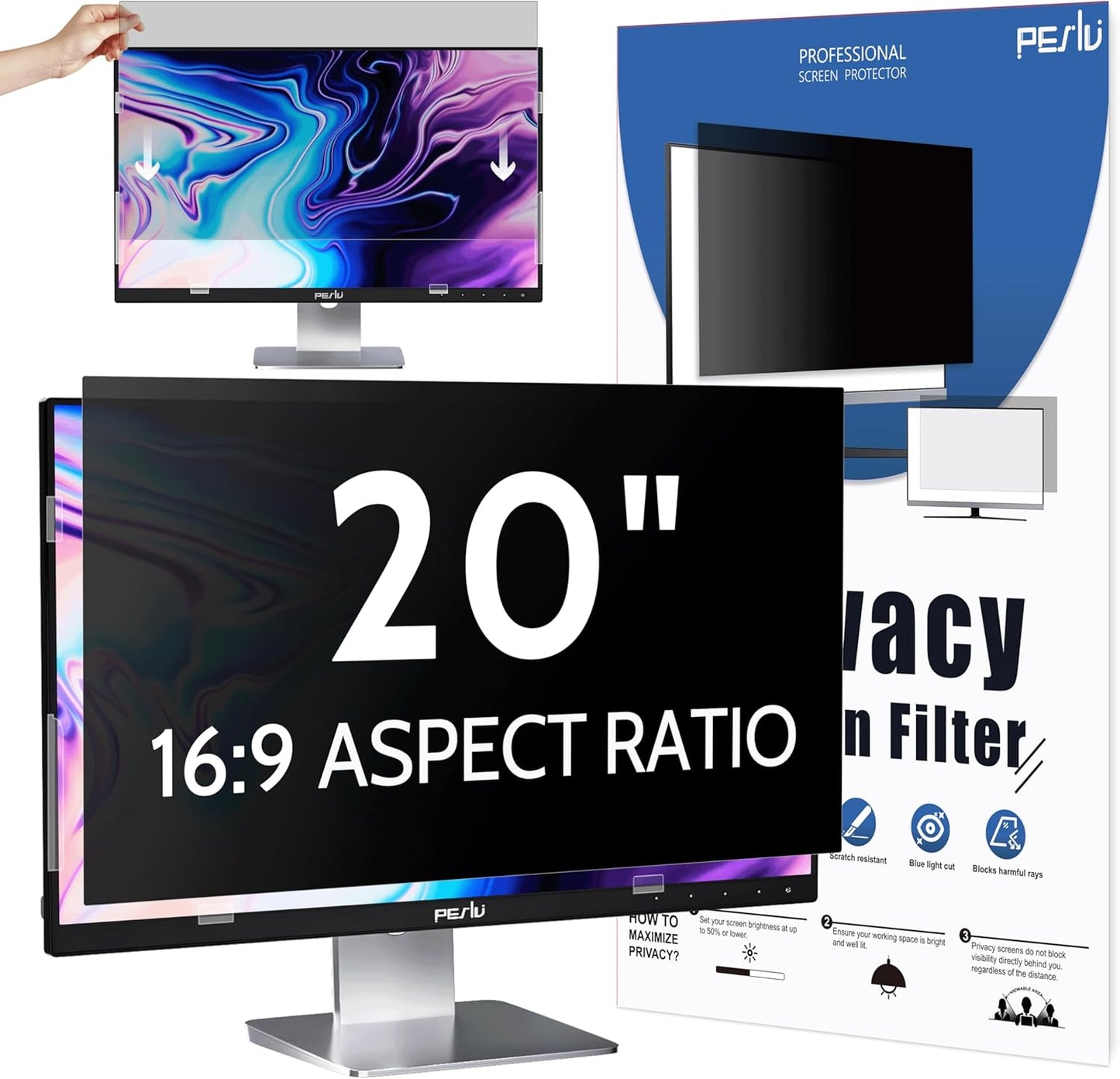 Computer Privacy Screen 20 Inch for 16:9 Widescreen Monitor, Removable 20inch Anti Blue Light Anti Glare Monitor Privacy Filter Shield (17 7/16" x 9 13/16")