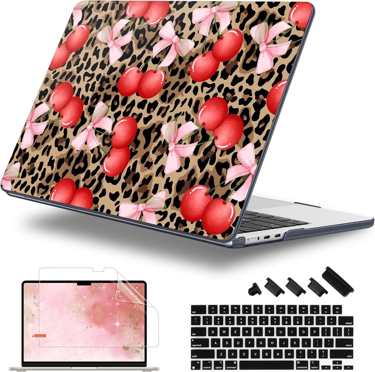 Case for MacBook Air 15 Inch 2025 2024 2023 Release M4 A3241 M3 A3114 M2 A2941, Hard Shell with Screen Protector & Keyboard Cover, Compatible with Touch ID, Leopard Cherry