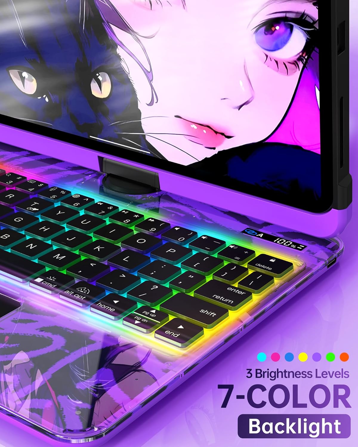 Intermerge for iPad 9th 10.2 inch Keyboard Case, 360° Transparent Multi-Touch Trackpad, 7-Color Backlit Keyboard, Pencil Holder, Type-C, Power Indicator for 9th/ 8th/ 7th - Neon Pulse