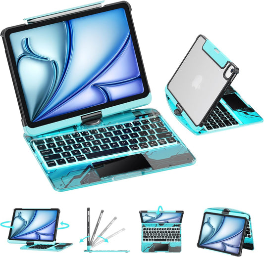 GUSGU Transparent Case with Wireless Keyboard only for 2024 iPad Pro 11-in.(M4), 7 Colors Backlight, Trackpad, 360°Rotating Stand for iPad Pro 11(5th Gen), Tech Style