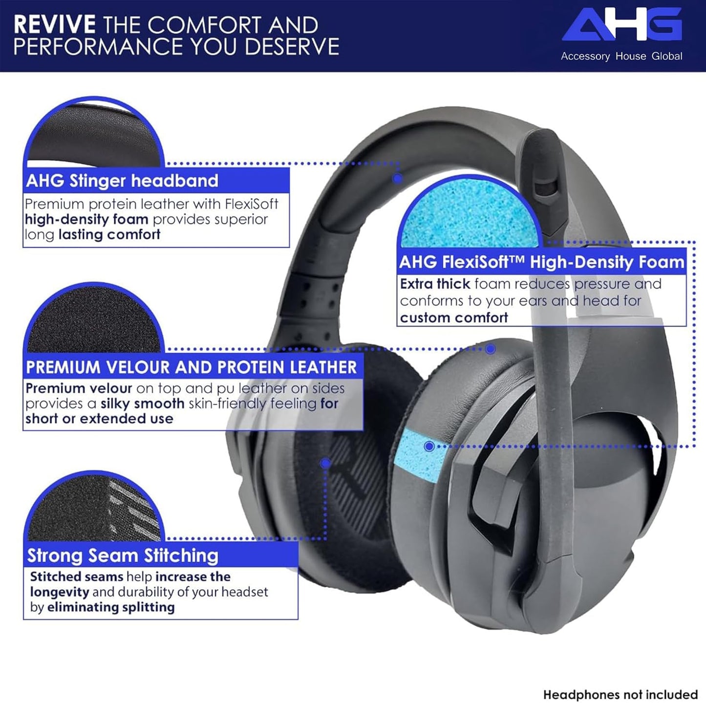 AHG Upgrade Replacement Hybrid Cloud Stinger Ear Pads Cushions and Headband Cover. Compatible with Kingston HyperX Cloud Stinger Headset. Premium Protein Leather and Velour | Thick AHG FlexiSoft Foam