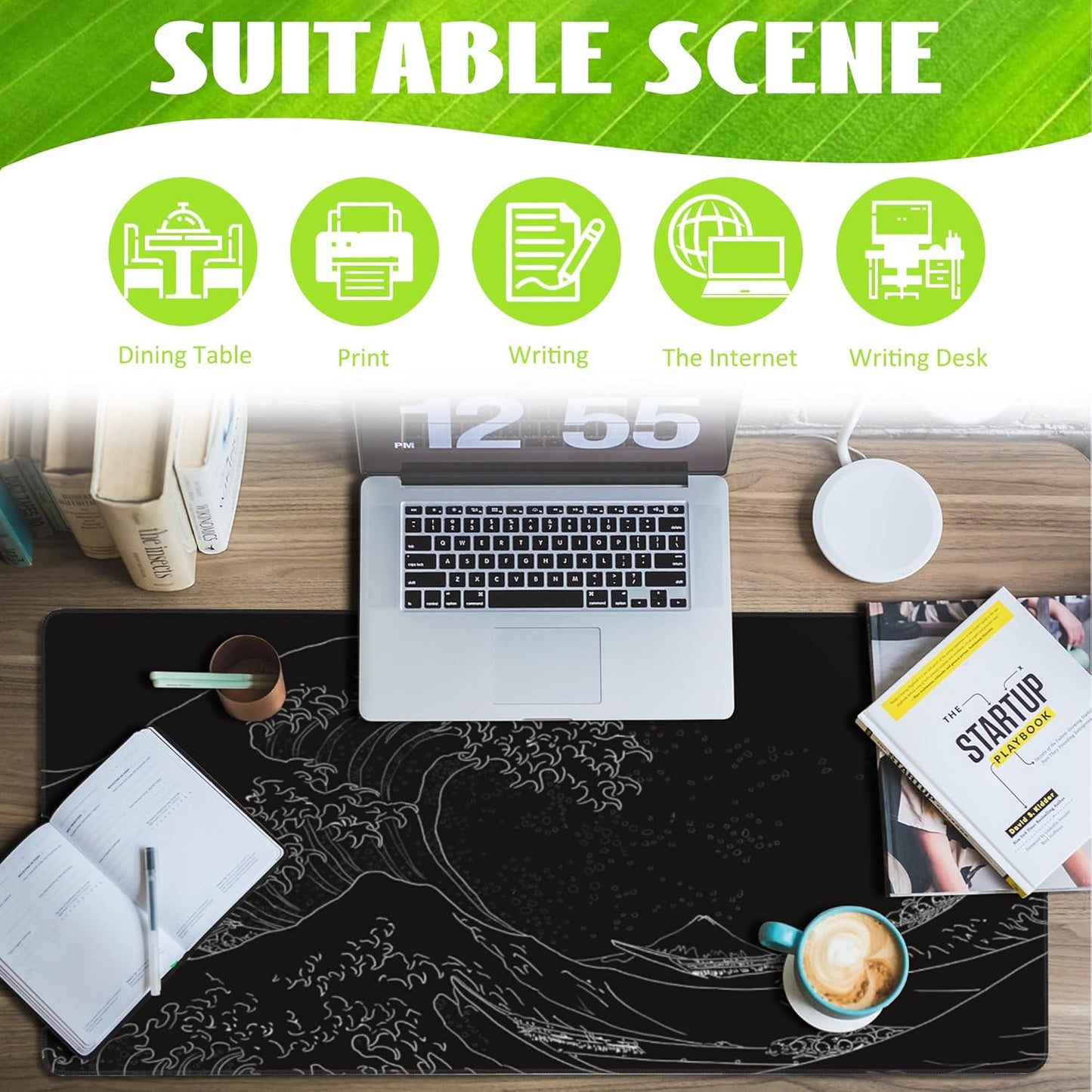 Desk Mat, Black Japanese Sea Wave Desk Pad, Extended Big Computer Keyboard Mouse Pad with Non-Slip Base and Stitched Edge, 35.4"x15.7"