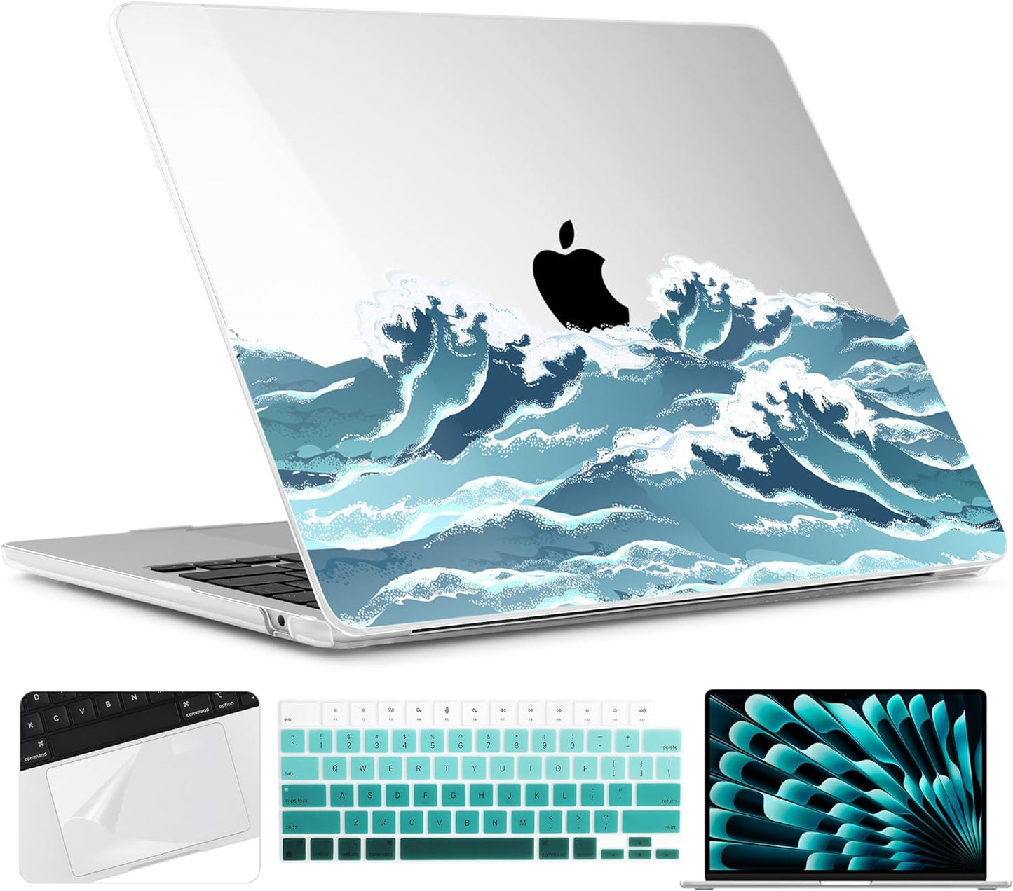 TWOLSKOO Compatible with M4 MacBook Air 15 inch Case 2025-2023 Released Model M4 A3241 M3 A3114 M2 A2941, Plastic Hard Shell & Screen Protector & Keyboard Cover & Trackpad Film, Ocean