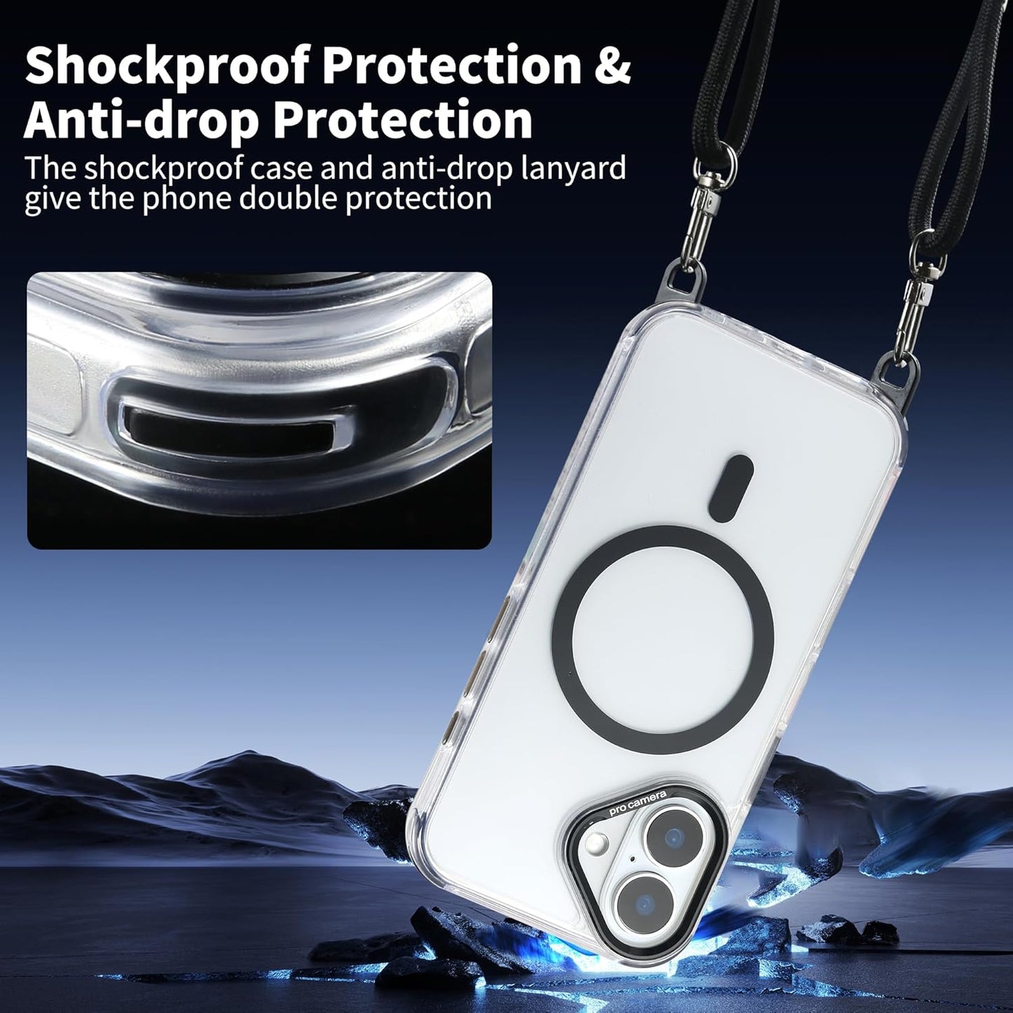 for iPhone 16 Case with 62.99 inch Lanyard, Classic Clear&Black Magnetic Phone Case, Drop&Shockproof Protection Cases, Phone Lanyard for Around The Neck, Compatible with Magnet Accessory