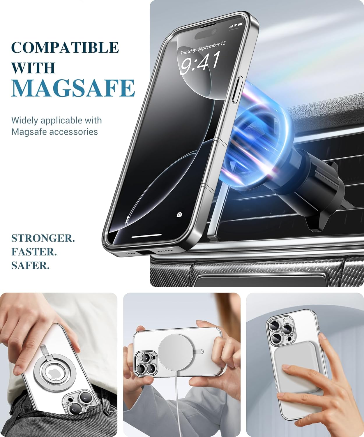 BERFY Magnetic for iPhone 16 Pro Max Case, Compatible with MagSafe,[Built-in 9H Tempered Glass Screen Protector & Upgraded Camera Protection] Full Body Plating Phone Case for 16 ProMax,Titanium Silver