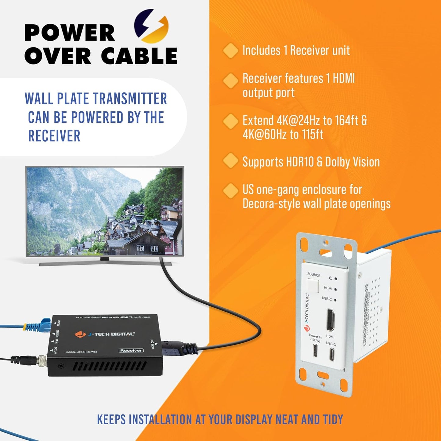 J-Tech Digital 4K HDMI & USB C Extender Over Single Cat5 5e 6 7 Cable, Up to 164ft Wall Plate Over Ethernet HDR Dolby Vision USB-C Charging Port, PoC, IR, Auto-Switch [JTECH-EXW30]