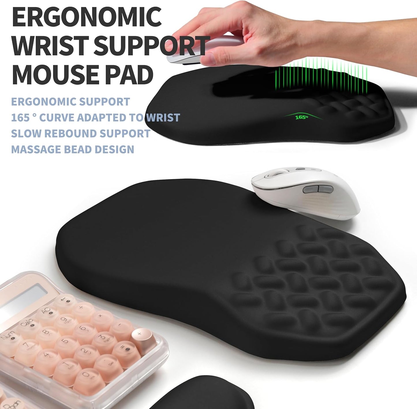 2-in-1 Ergonomic Set, Wave Keyboard Wrist Rest and Massage Slope Mouse Pad Wrist Support, Rebound Memory Foam for Relieve Carpal Tunnel Syndrome and Wrist Pain (Black)