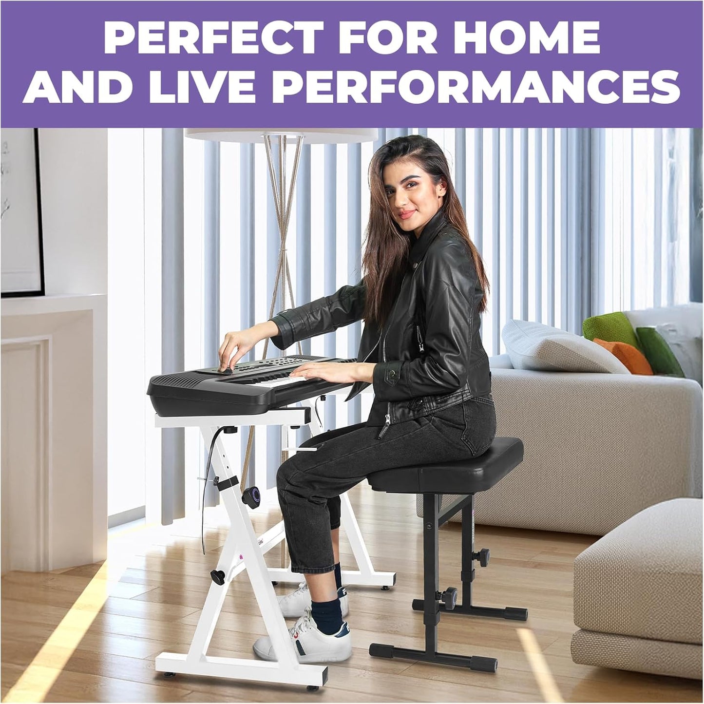 Liquid Stands Portable Heavy Duty Digital Piano Stand & Bench Set - Adjustable Keyboard Music Stand & Seat for 54-88 Key Electric Pianos (White)