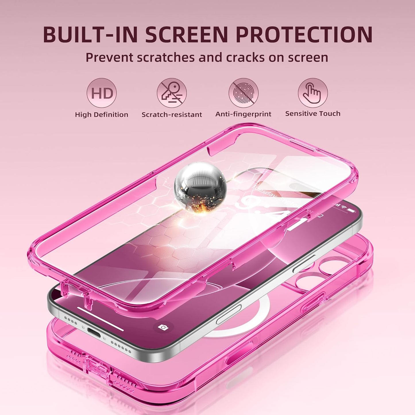 BERFY Magnetic for iPhone 16 Pro Max Case, Compatible with MagSafe, [Built-in 9H Tempered Glass Screen Protector & Upgraded Camera Protection] Full Body Shockproof Phone case for 16 ProMax,Bright Pink