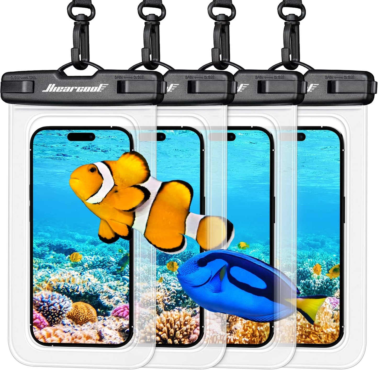 Hiearcool Waterproof Phone Pouch, Waterproof Phone Case, IPX8 Cellphone Dry Bag Compatible for iPhone 16 15 14 13 Pro Max Plus Cellphone Up to 8.3", Beach Essentials for Travel-Clear-4Pack